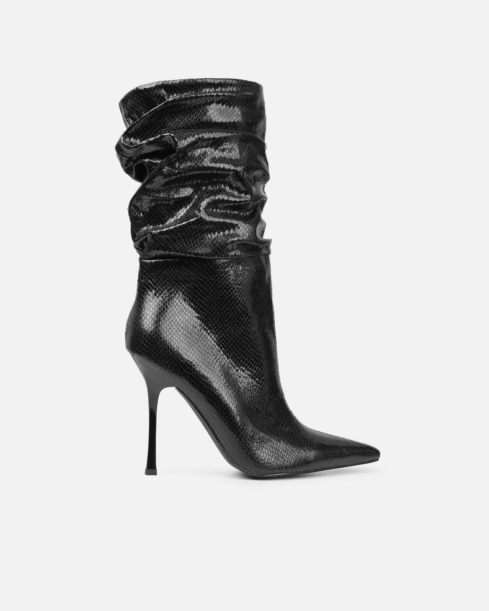 Brette Black Snake Effect Ruched Heeled Boots | SIMMI London