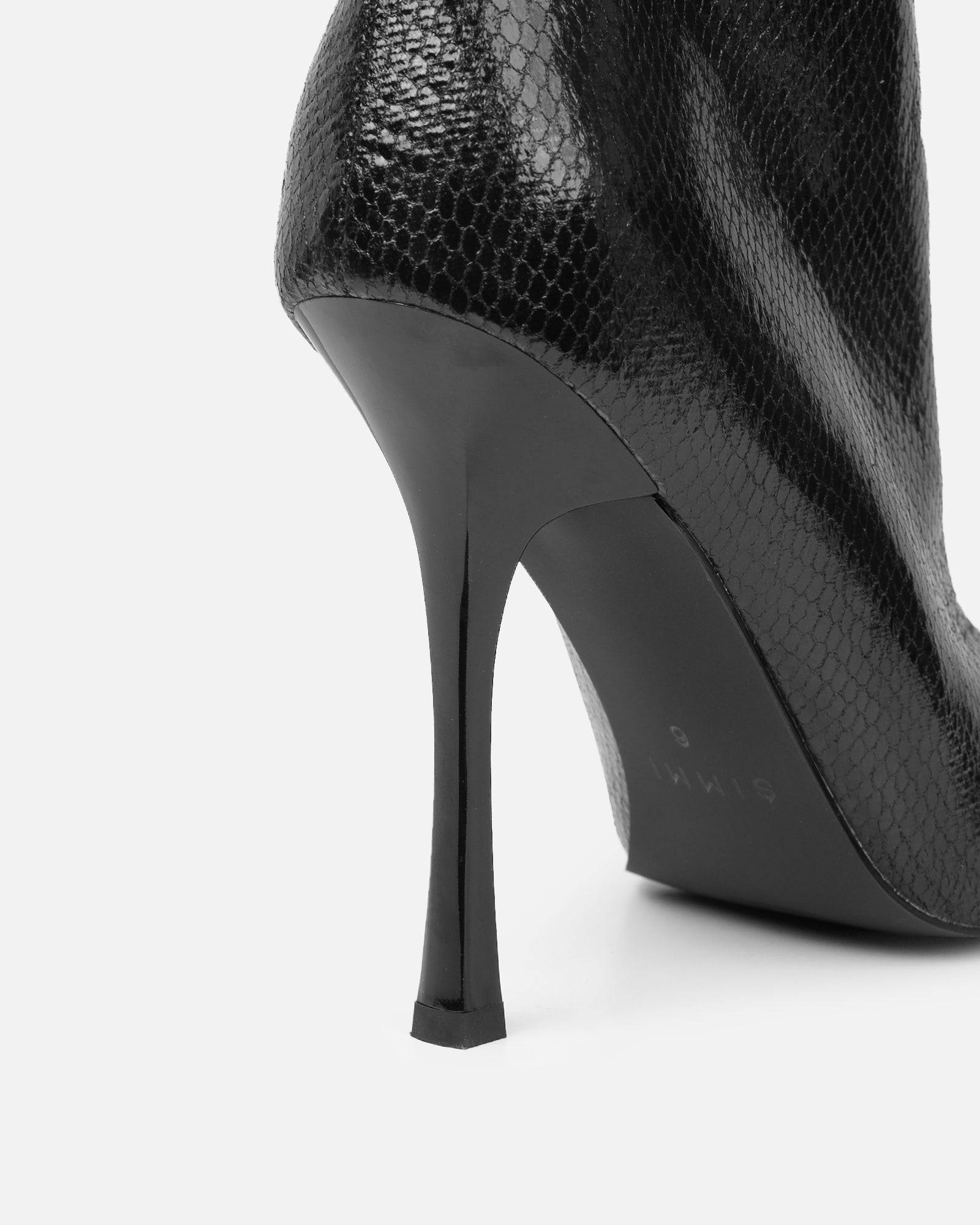 Brette Black Snake Effect Ruched Heeled Boots | SIMMI London