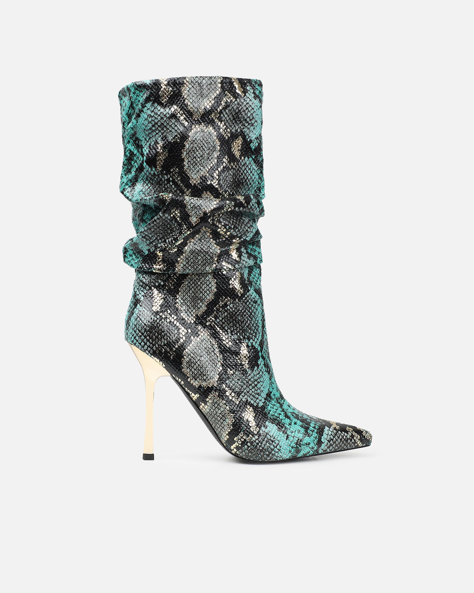 Brette Green Snake Effect Ruched Heeled Boots | SIMMI London