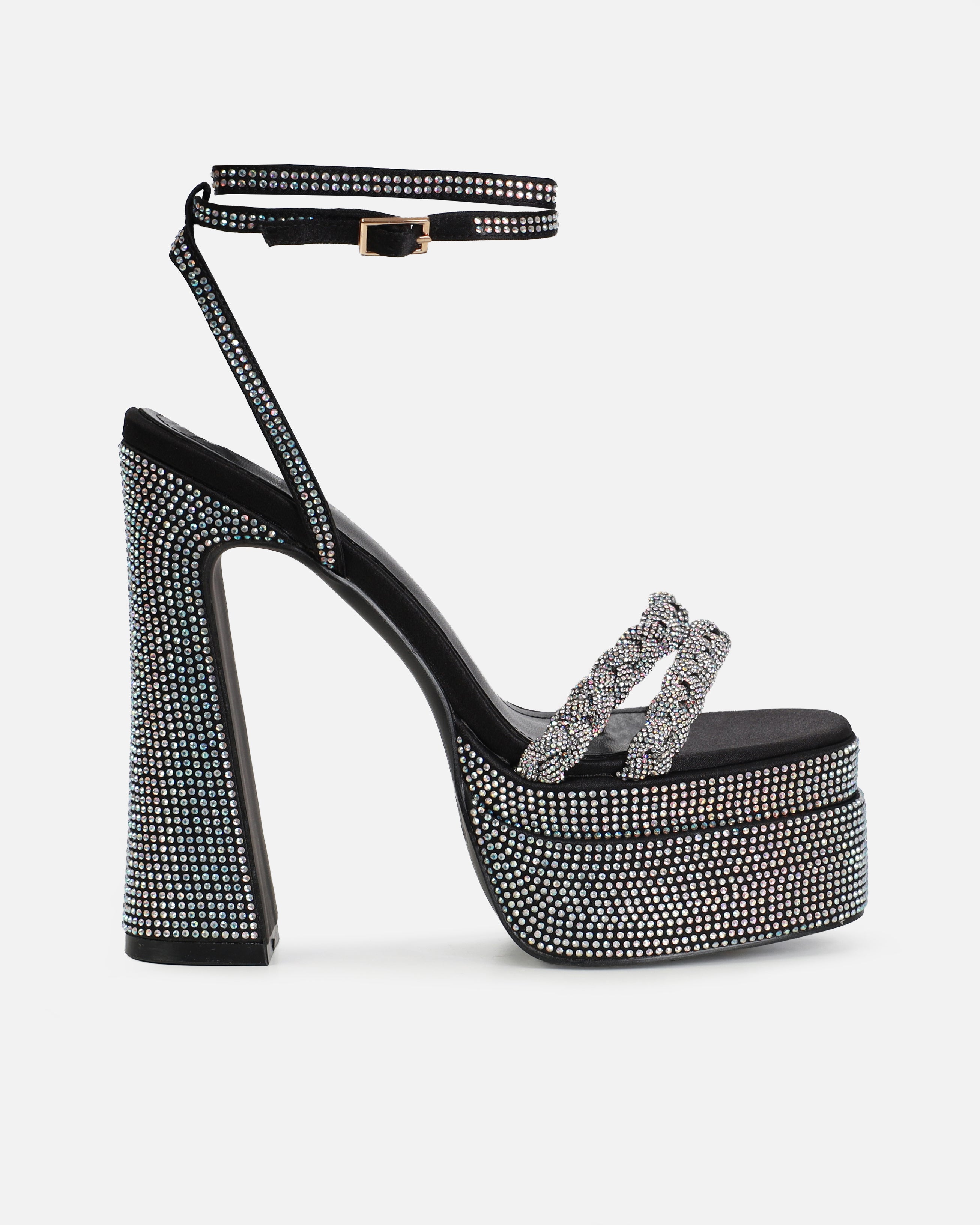 Paradisa Black Satin Diamante Platform Block Heels | SIMMI Londonv