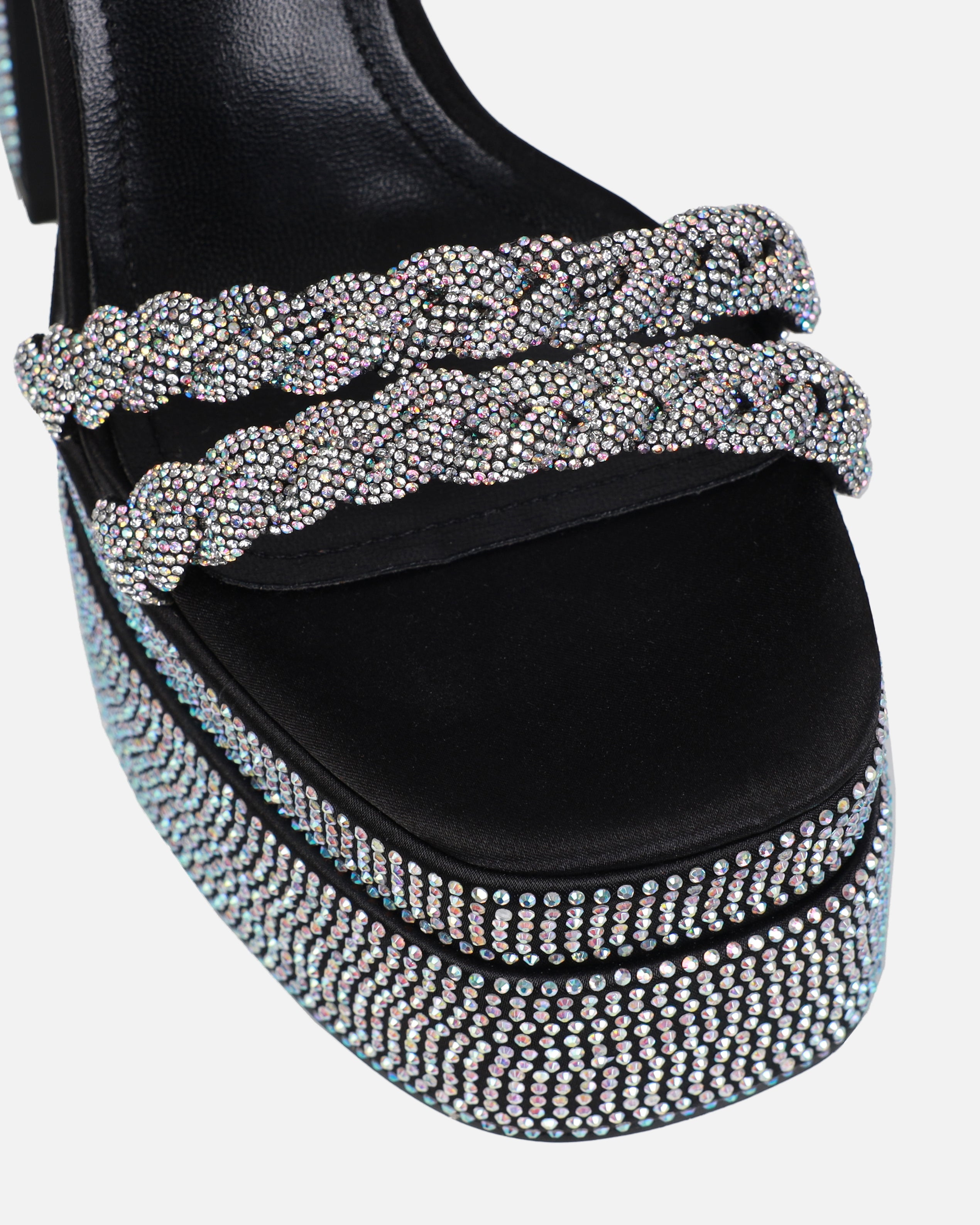 Paradisa Black Satin Diamante Platform Block Heels | SIMMI London