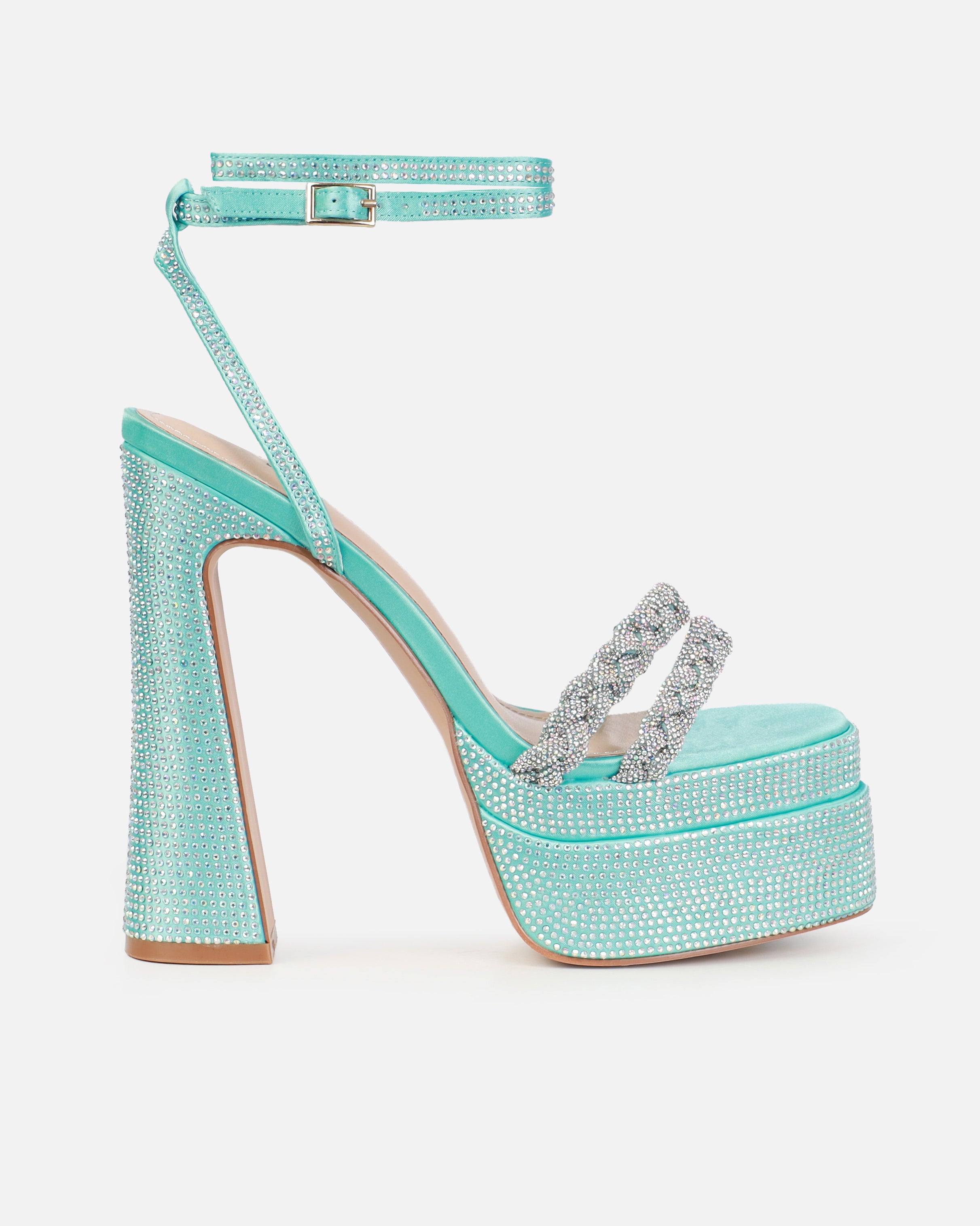Paradisa Blue Satin Diamante Platform Block Heels | SIMMI London