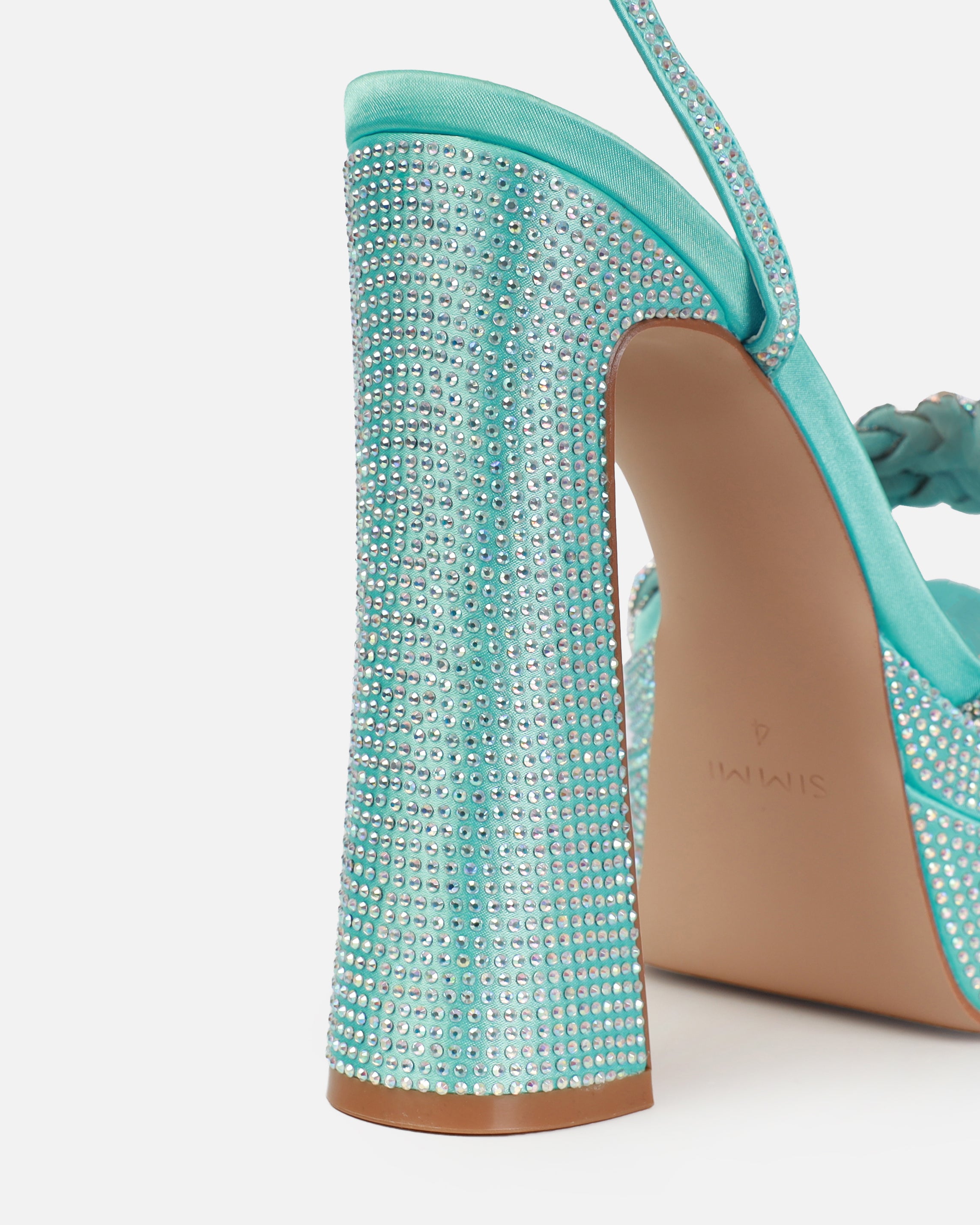 Paradisa Blue Satin Diamante Platform Block Heels | SIMMI London