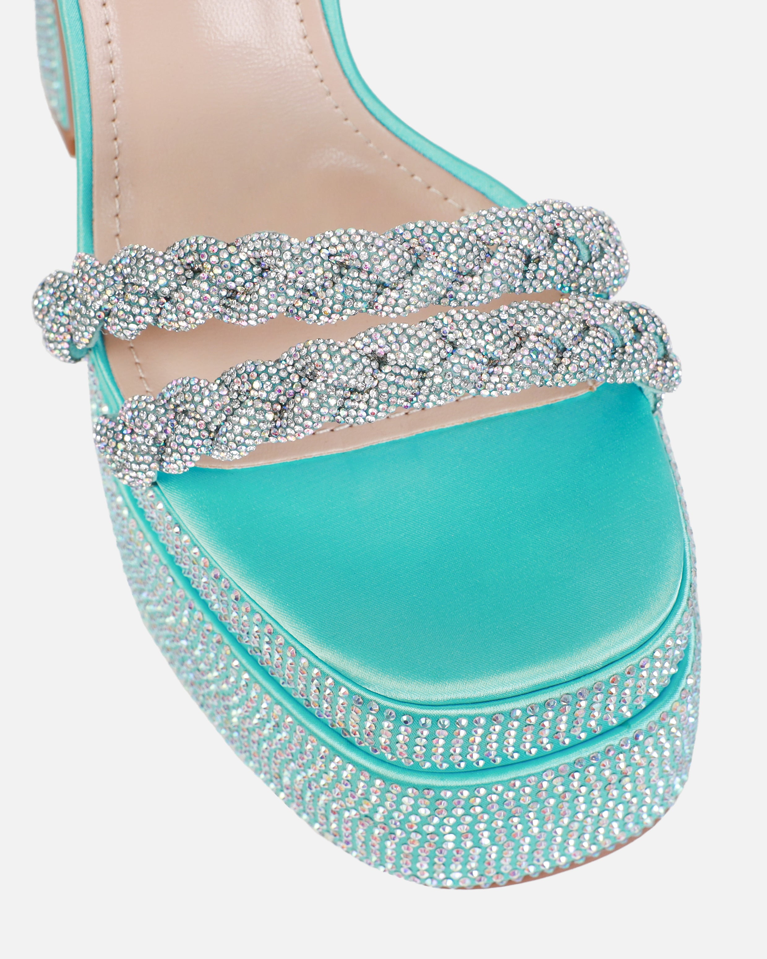 Paradisa Blue Satin Diamante Platform Block Heels | SIMMI London