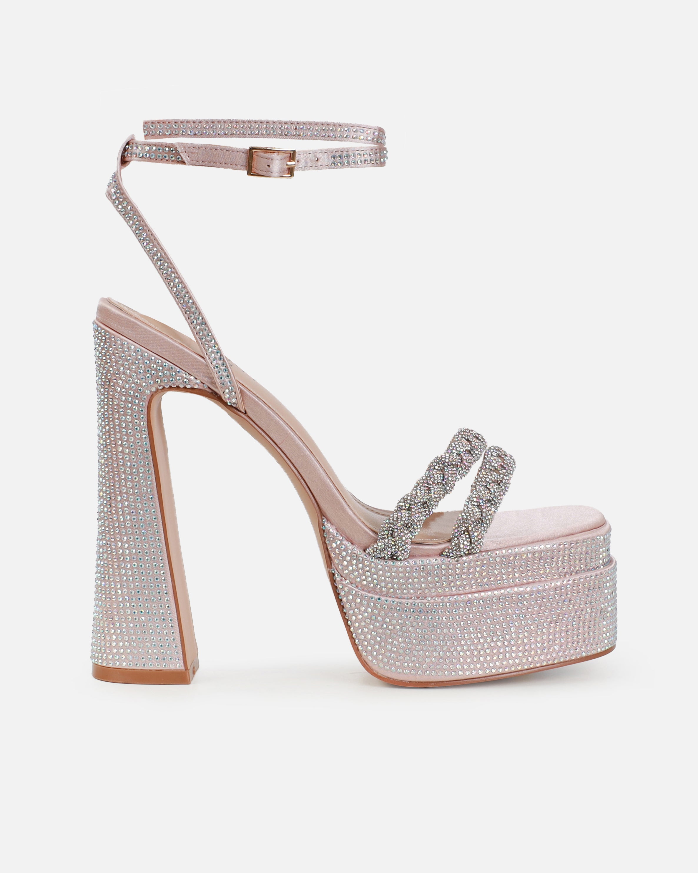 Paradisa Nude Satin Diamante Platform Block Heels | SIMMI London