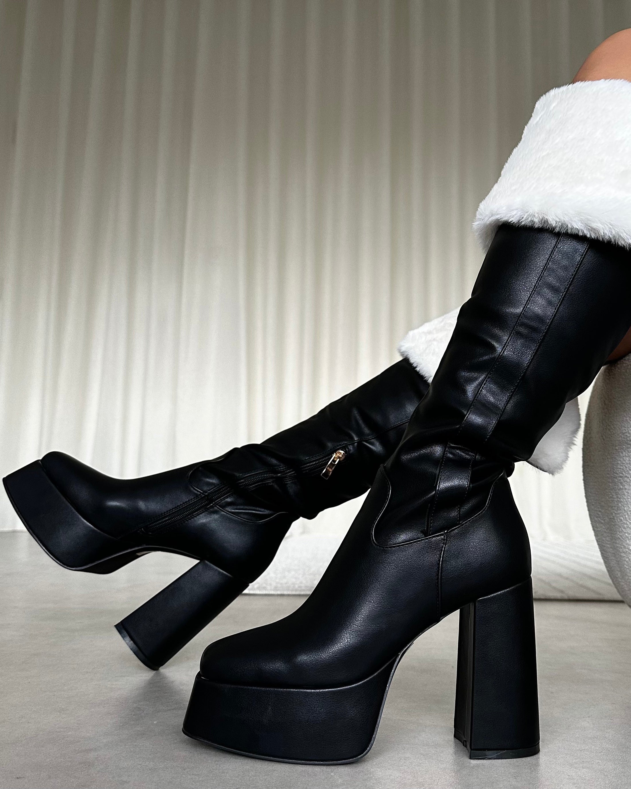 Caiden Black Platform Knee Boots With Faux Fur Turnover | SIMMI London
