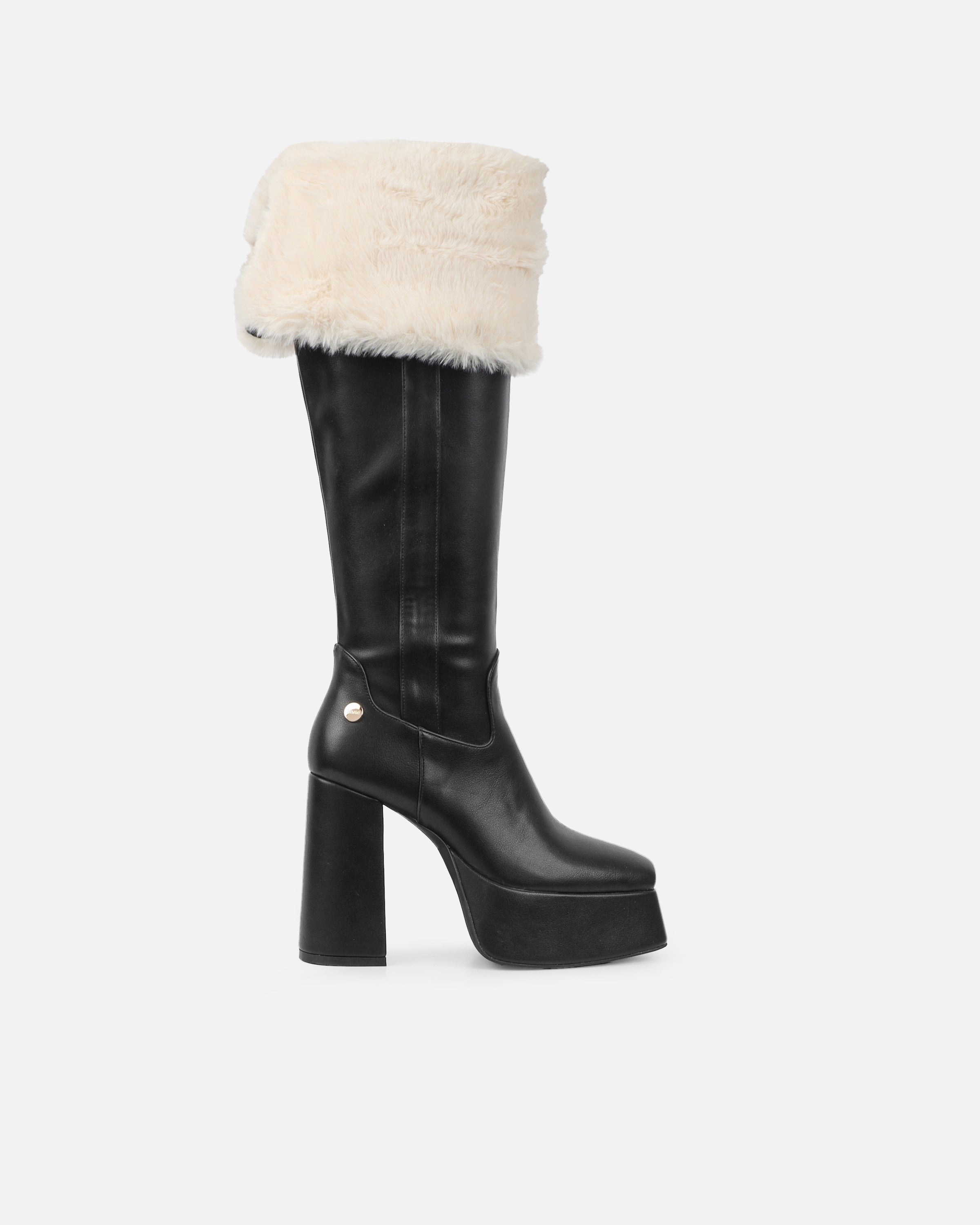 Caiden Black Platform Knee Boots With Faux Fur Turnover | SIMMI London