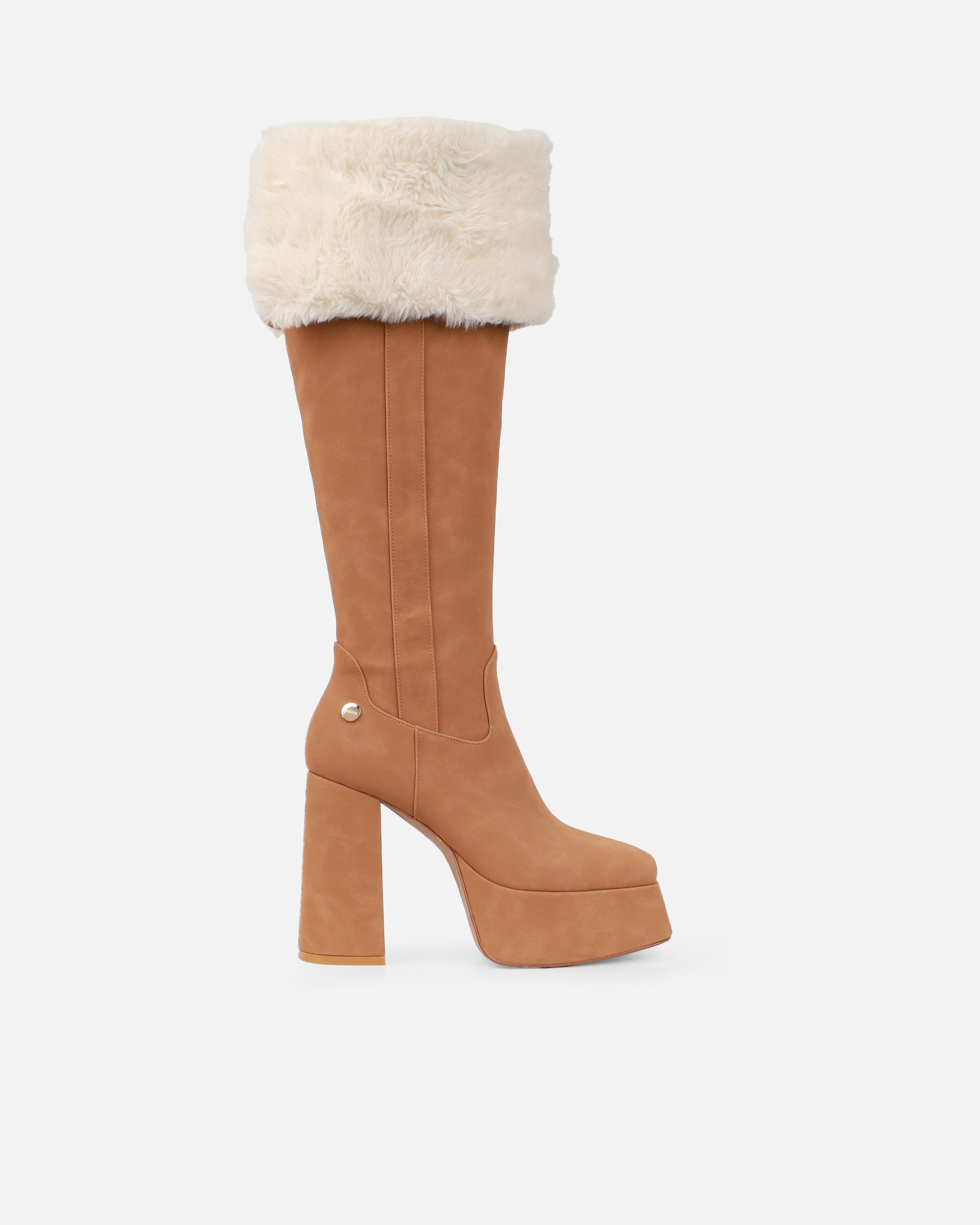 Caiden Tan Platform Knee Hoots With Faux Fur Turnover | SIMMI London