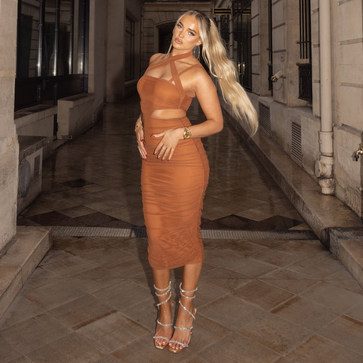 Patron Terracotta Ruched Mesh Halterneck Midi Dress | SIMMI London