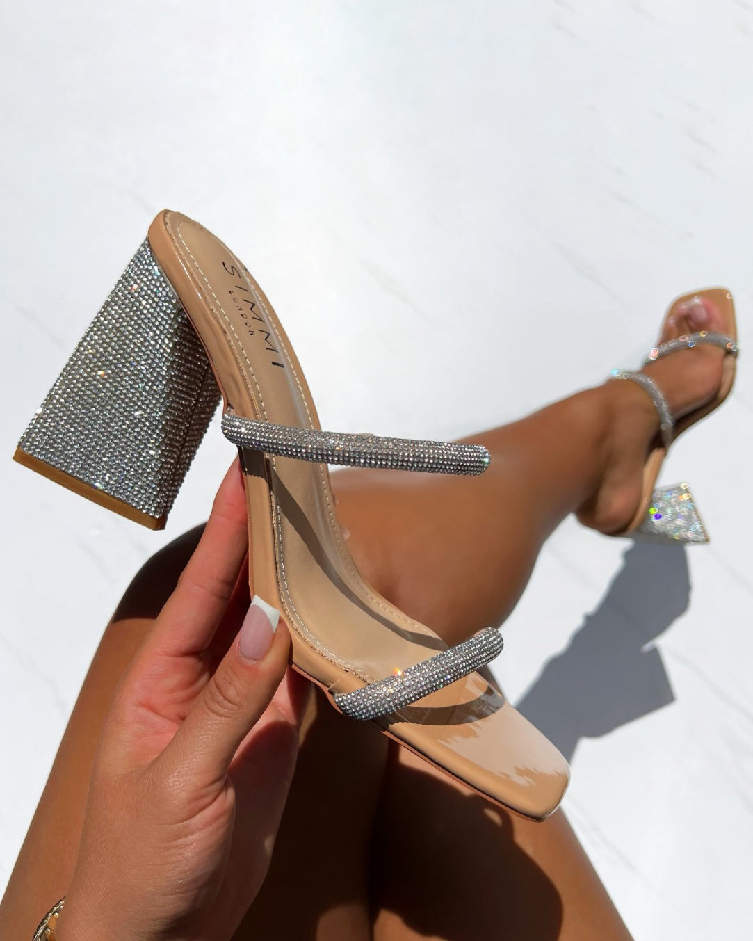 Peruvian Nude Diamante Strappy Block Mules | SIMMI London