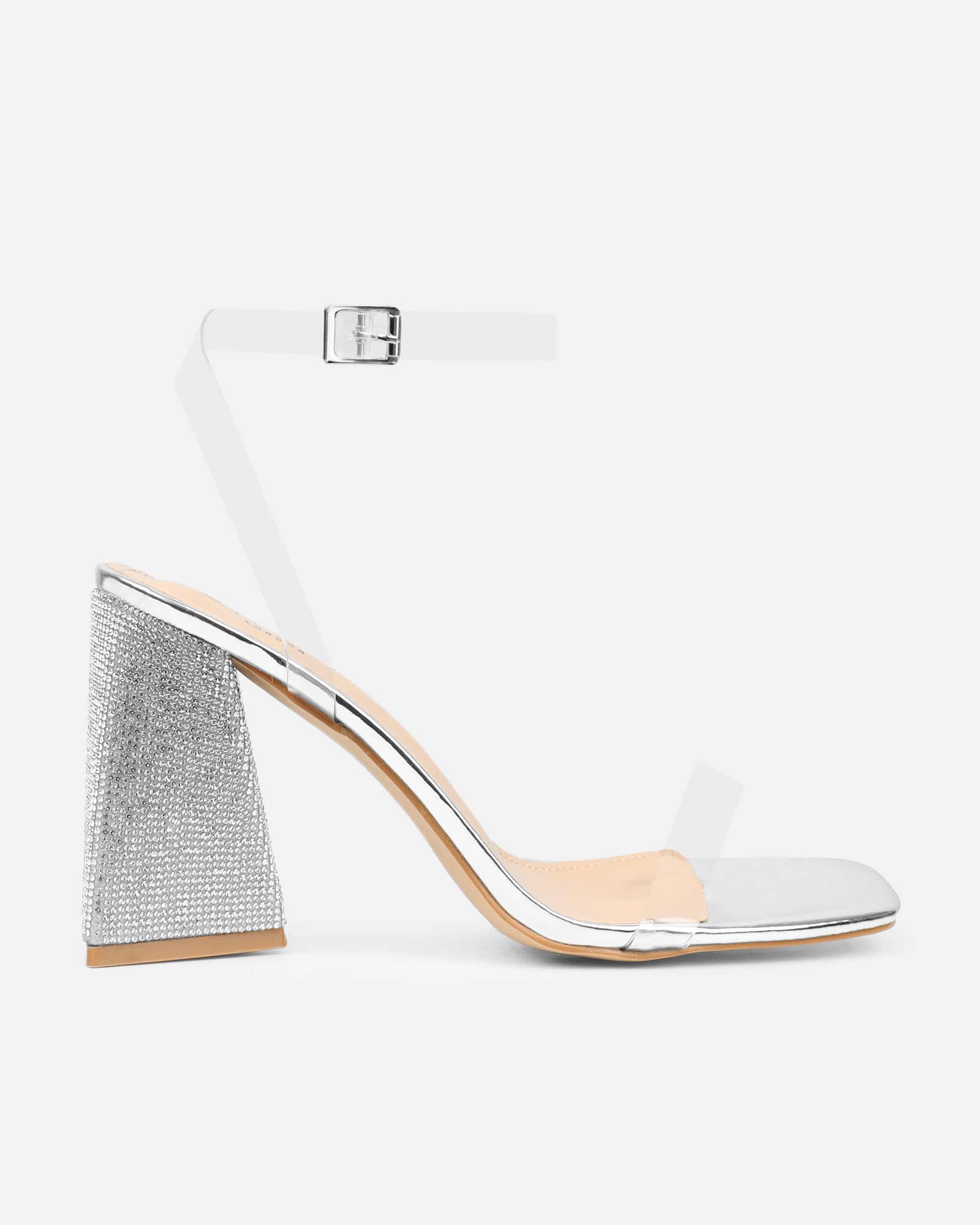 Perri Clear Silver Mirror Diamante Block Heeled Sandals | SIMMI London