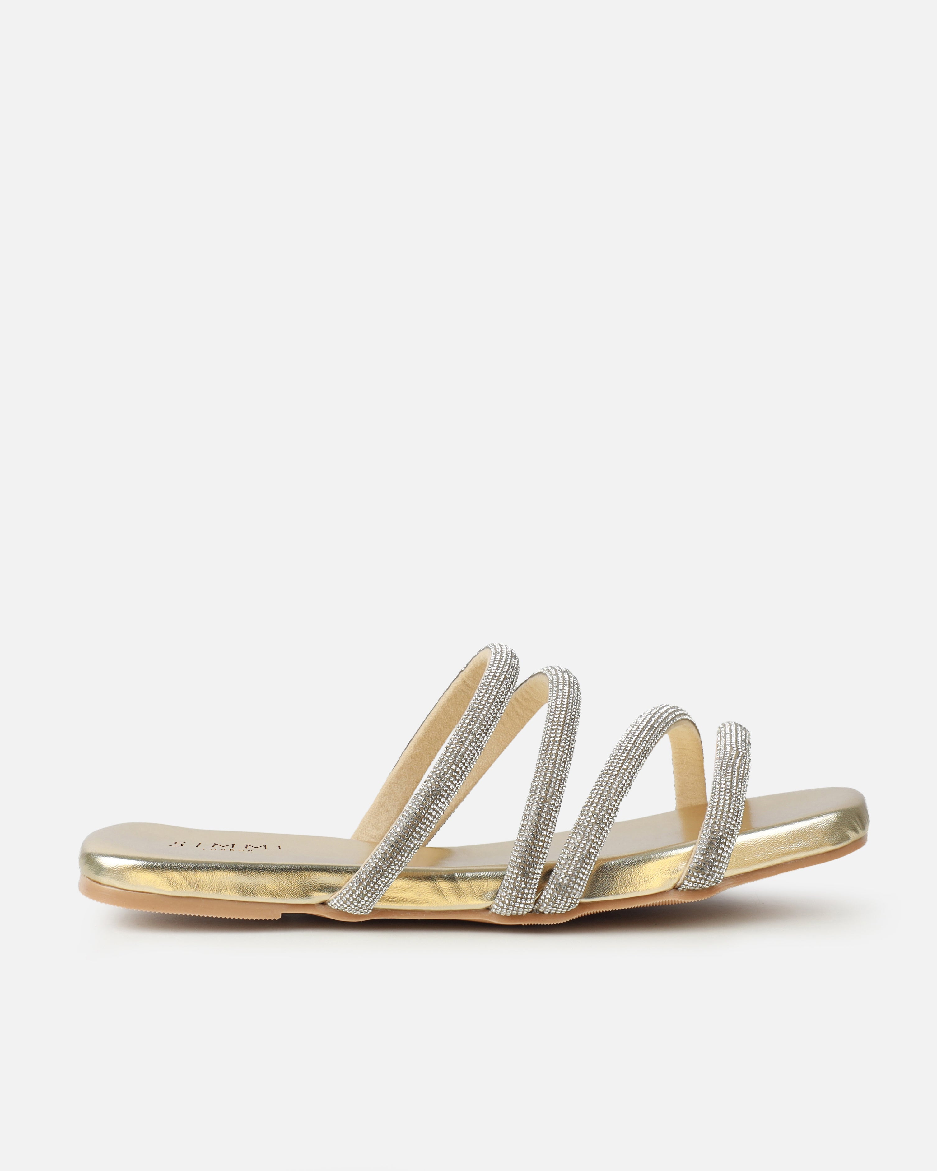 Pettle Gold Diamante Strappy Flat Sandals | SIMMI London
