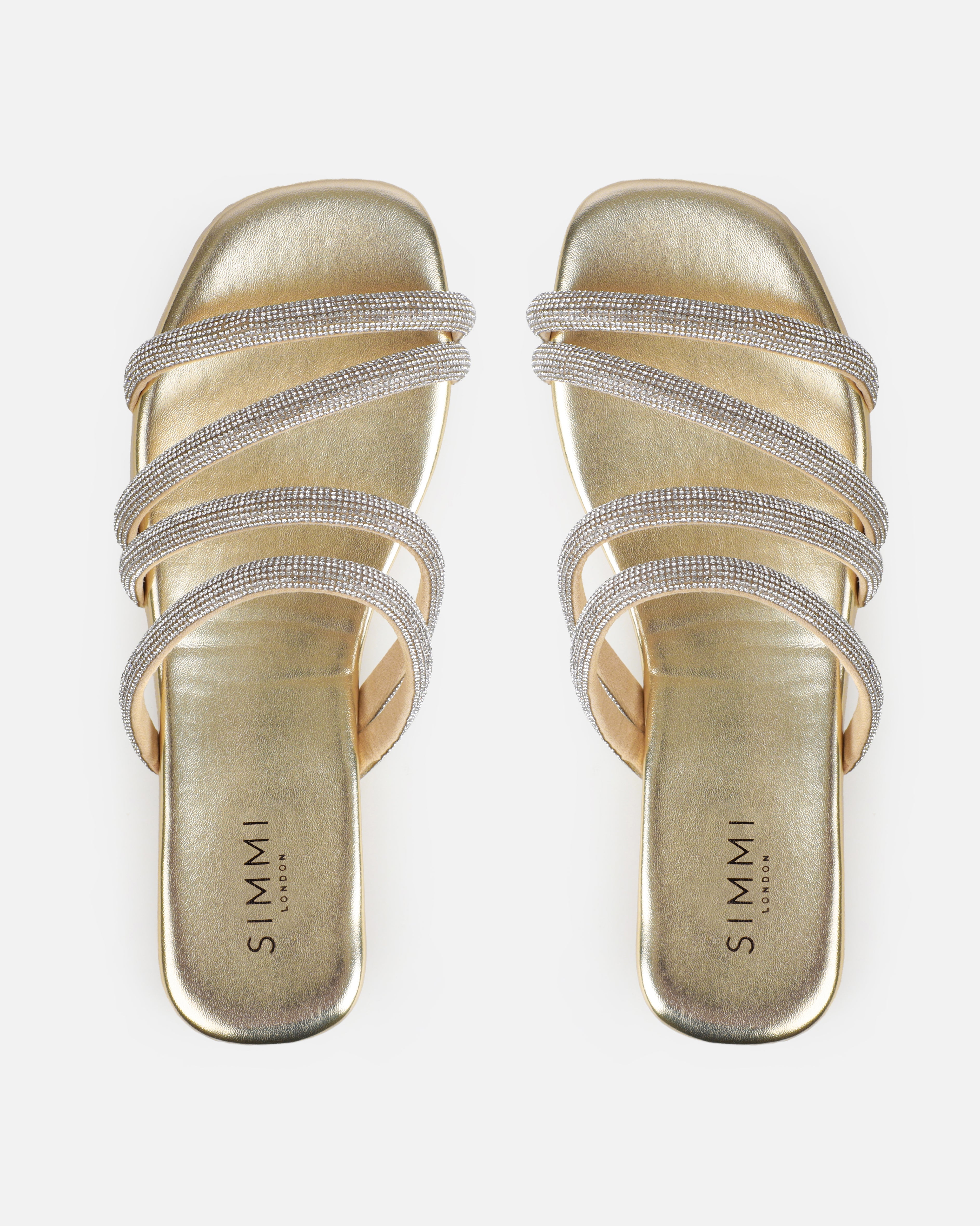 Pettle Gold Diamante Strappy Flat Sandals | SIMMI London