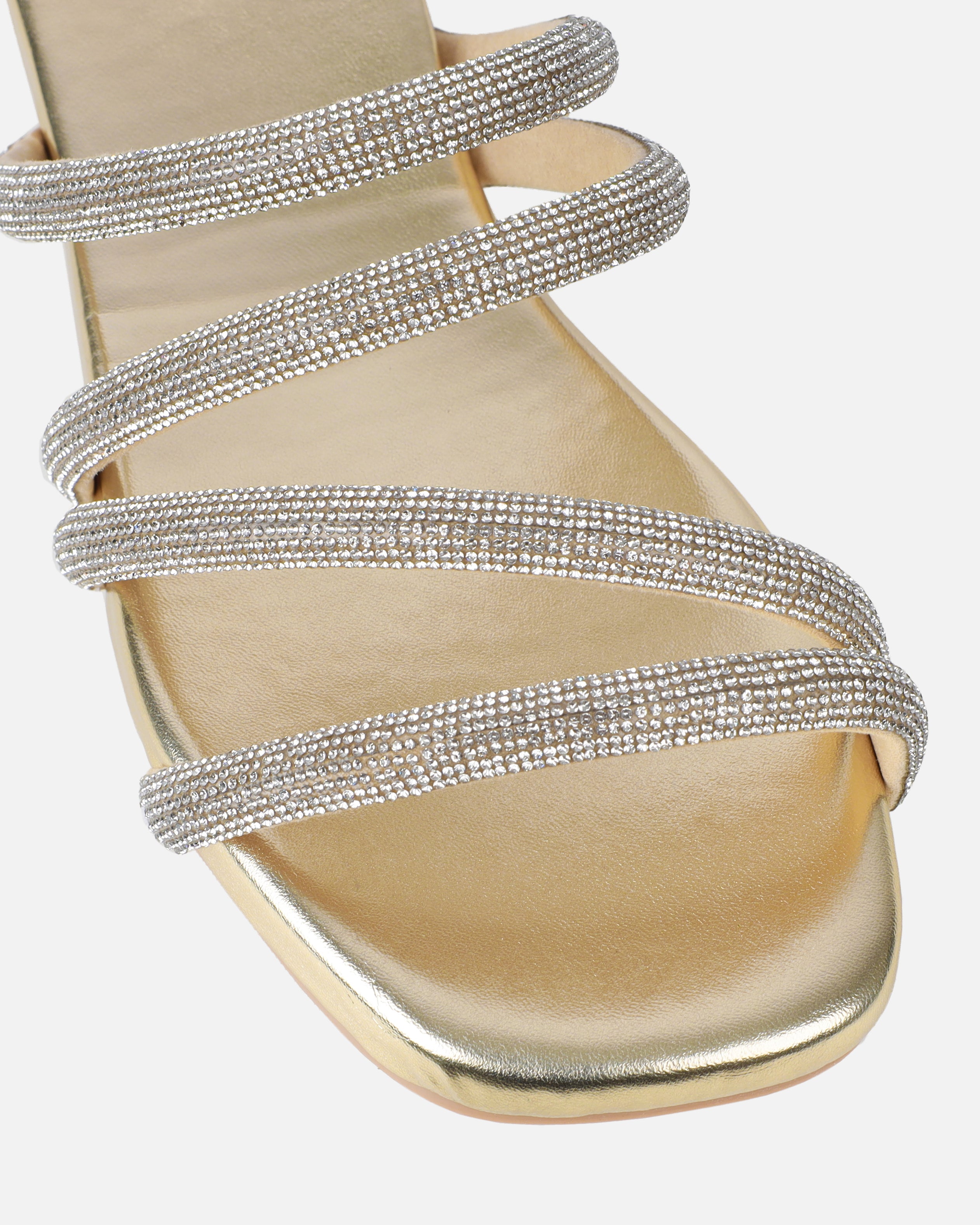Pettle Gold Diamante Strappy Flat Sandals | SIMMI London