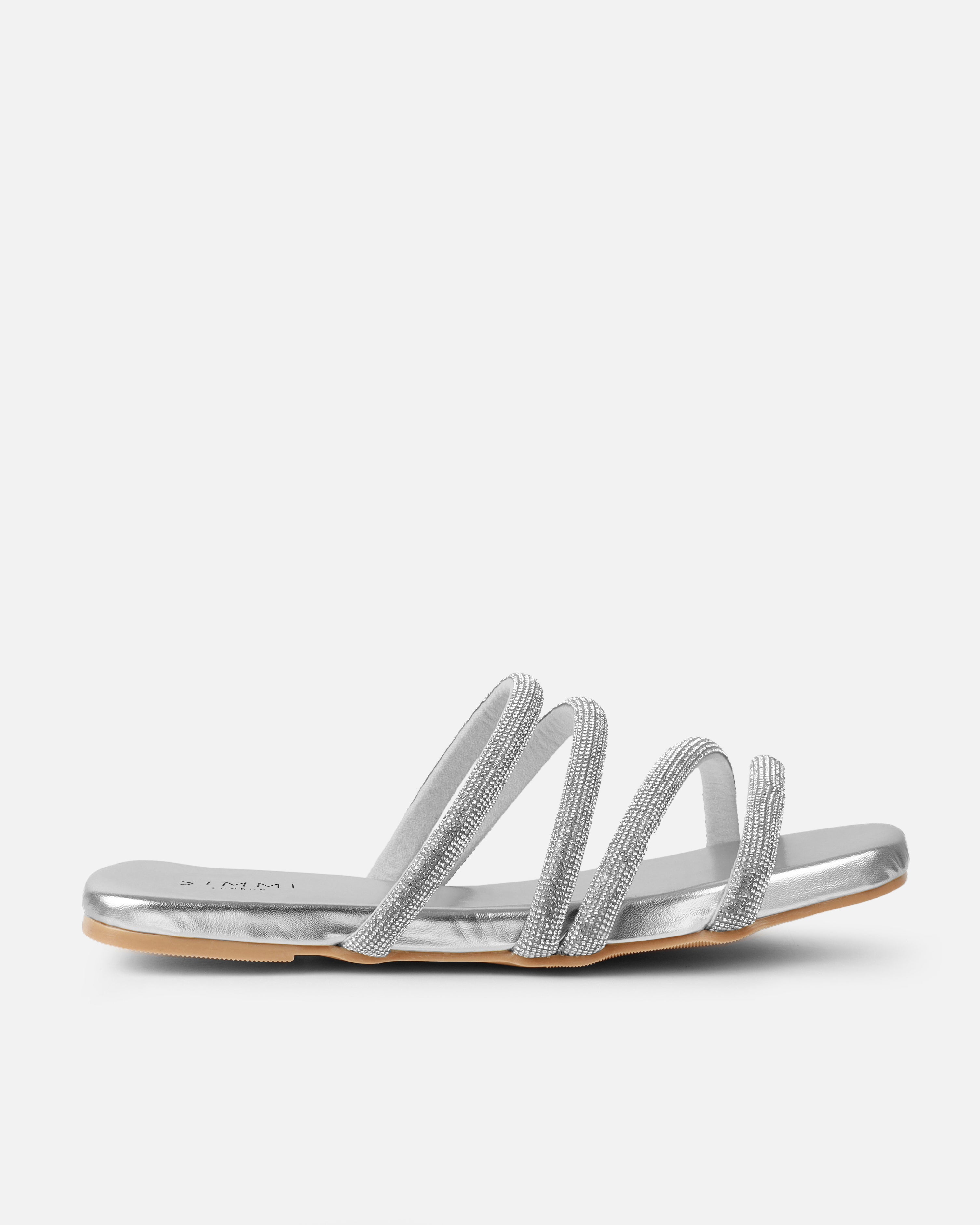 Pettle Silver Diamante Strappy Flat Sandals | SIMMI London
