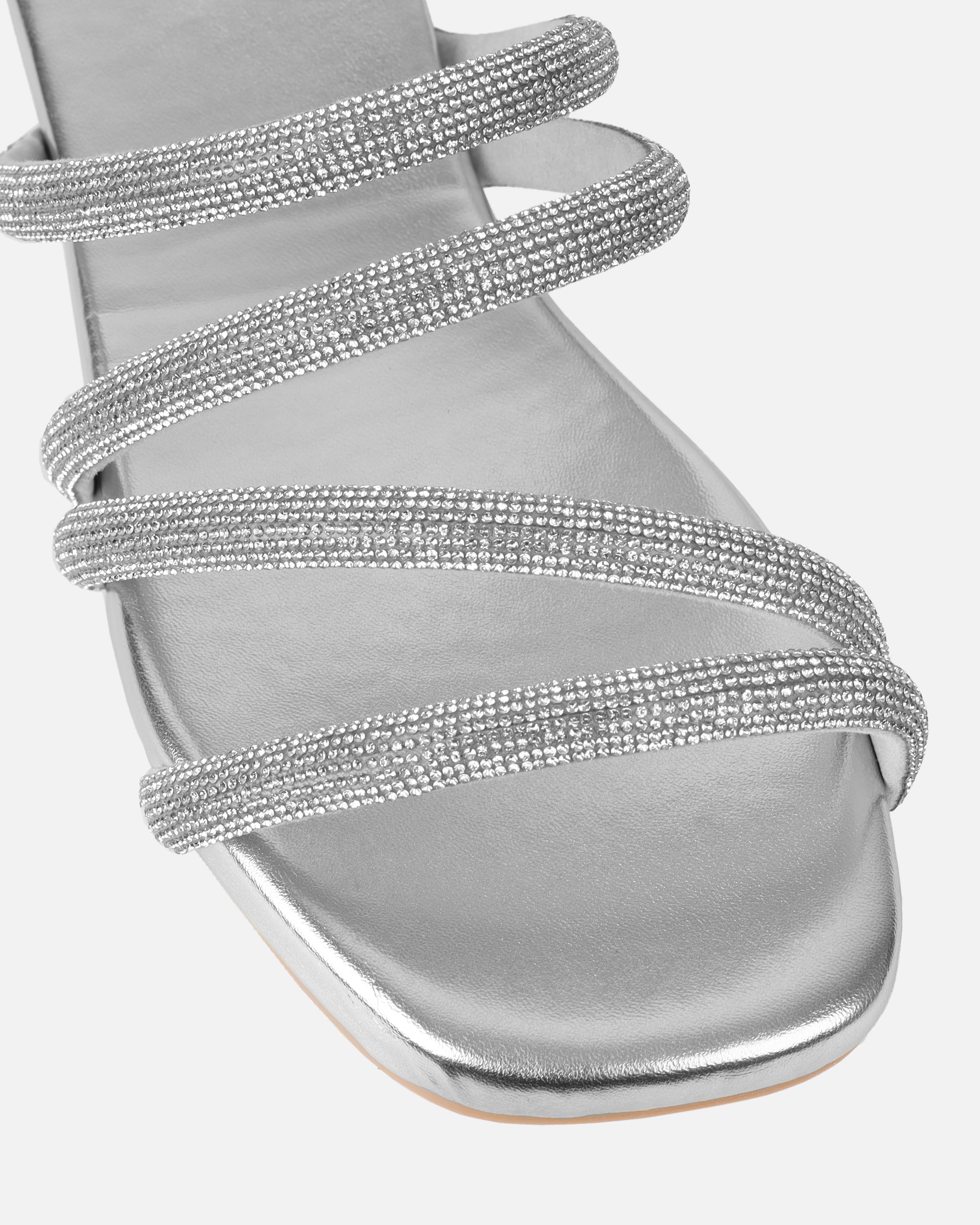 Pettle Silver Diamante Strappy Flat Sandals | SIMMI London