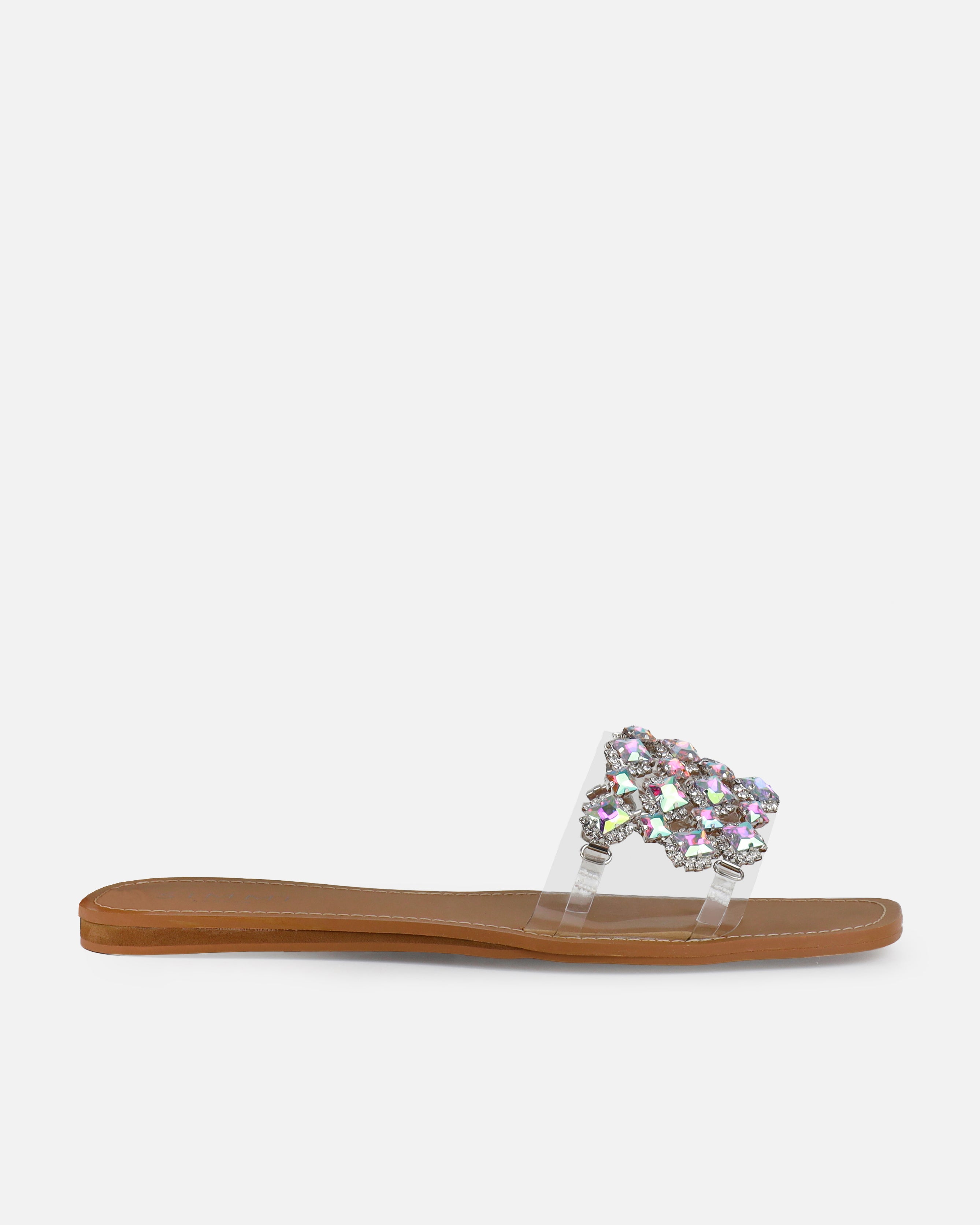 Cambria Clear Iridescent Gem Diamante Flat Sandals | SIMMI London