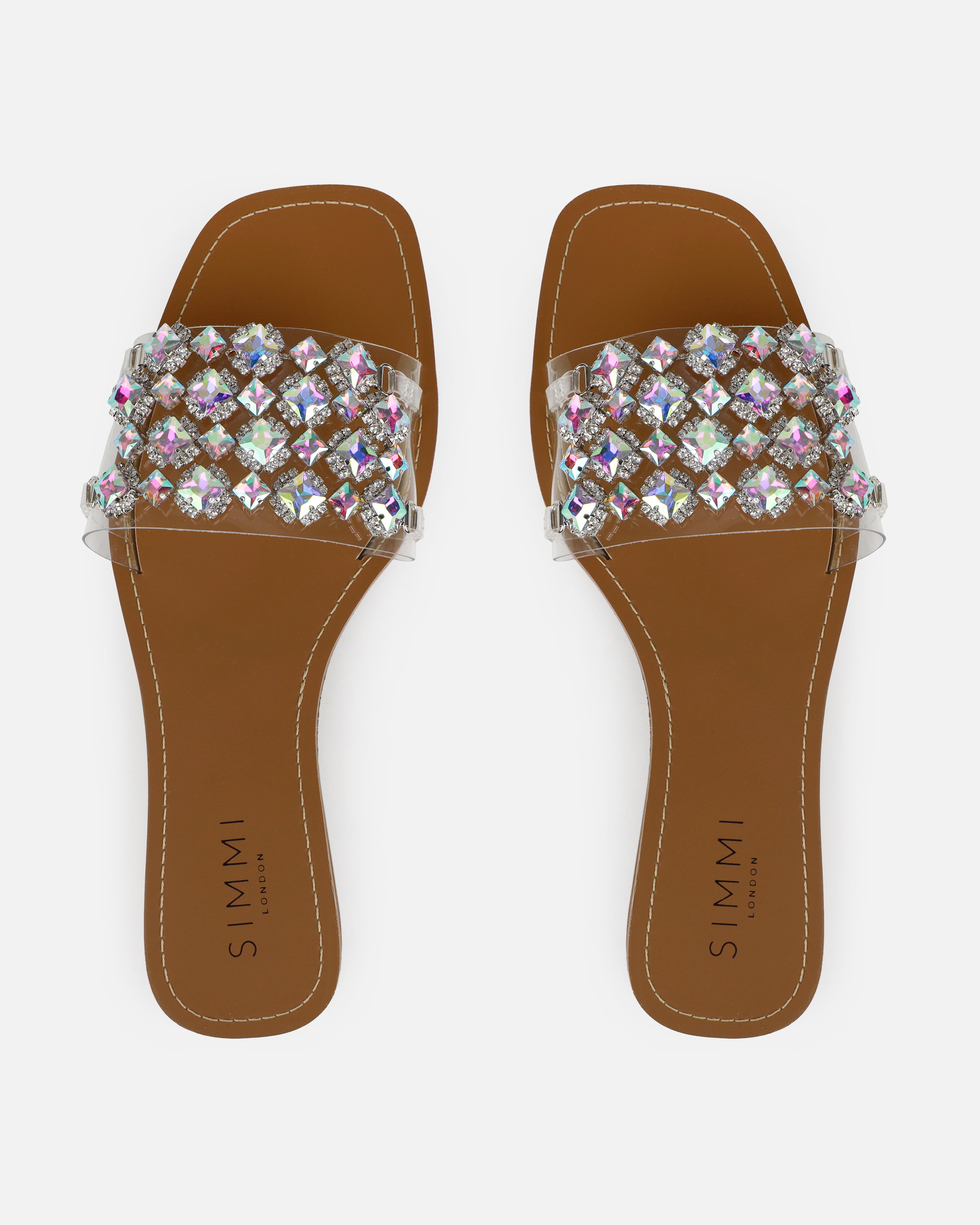 Cambria Clear Iridescent Gem Diamante Flat Sandals | SIMMI London
