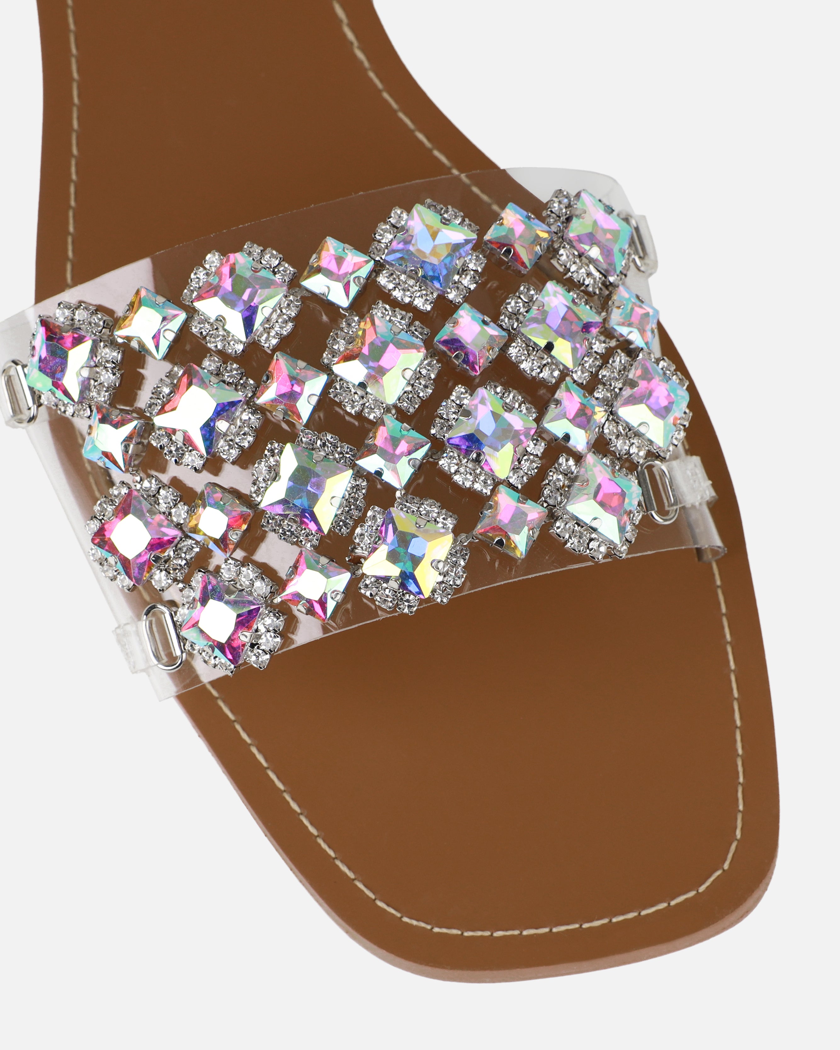 Cambria Clear Iridescent Gem Diamante Flat Sandals | SIMMI London