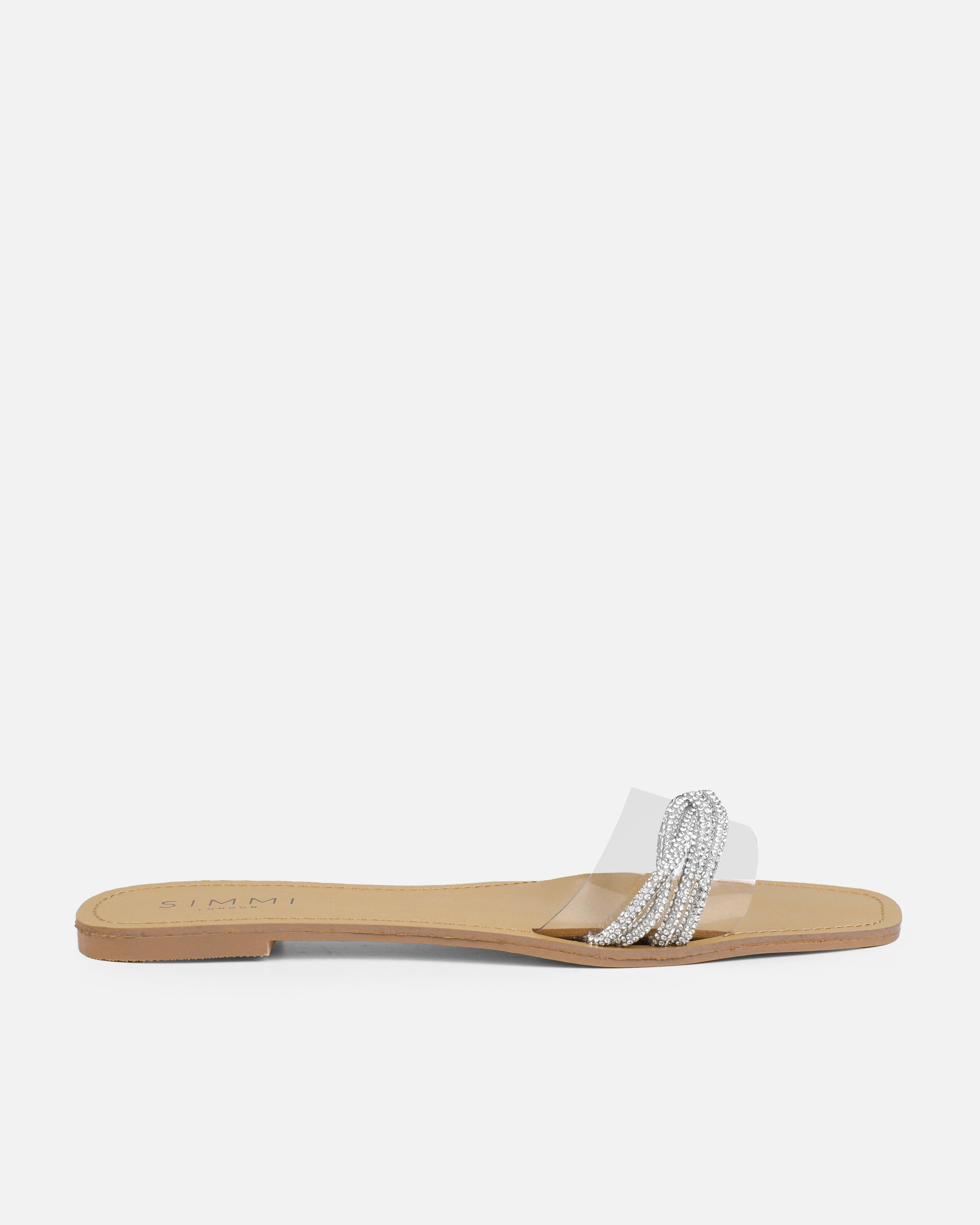 Kirah Silver Clear Diamante Twist Flat Sandals | SIMMI London