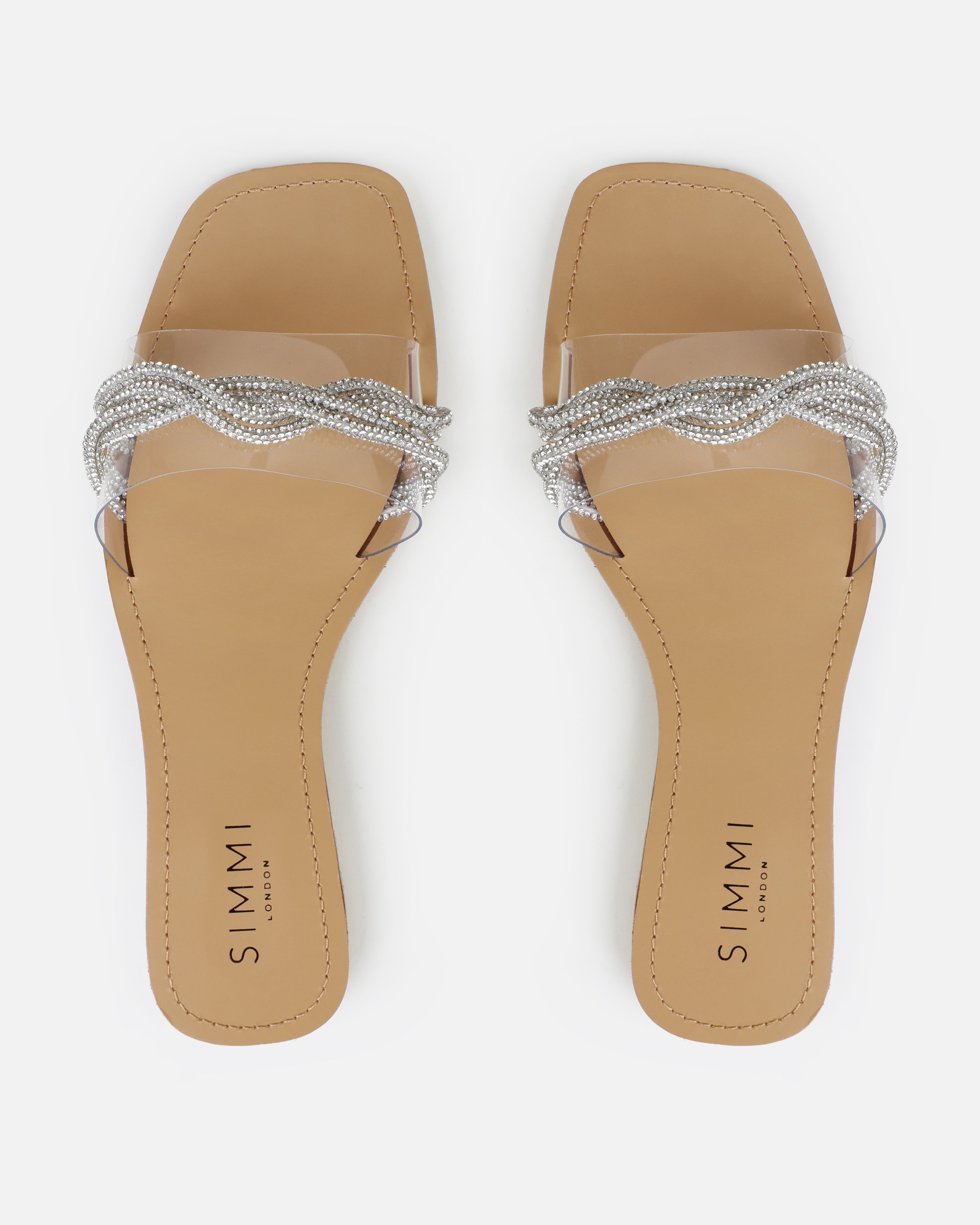 Kirah Silver Clear Diamante Twist Flat Sandals | SIMMI London