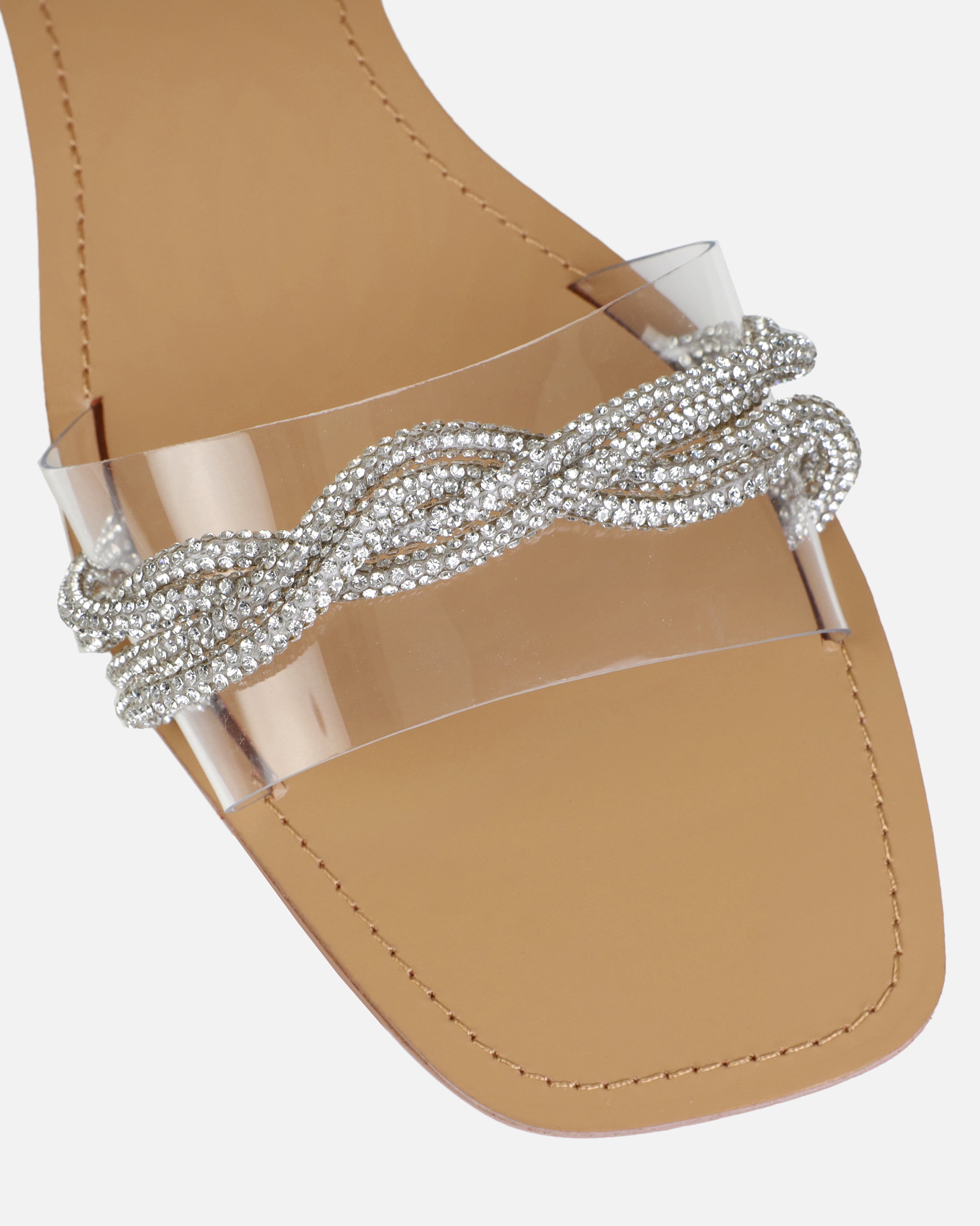 Kirah Silver Clear Diamante Twist Flat Sandals | SIMMI London