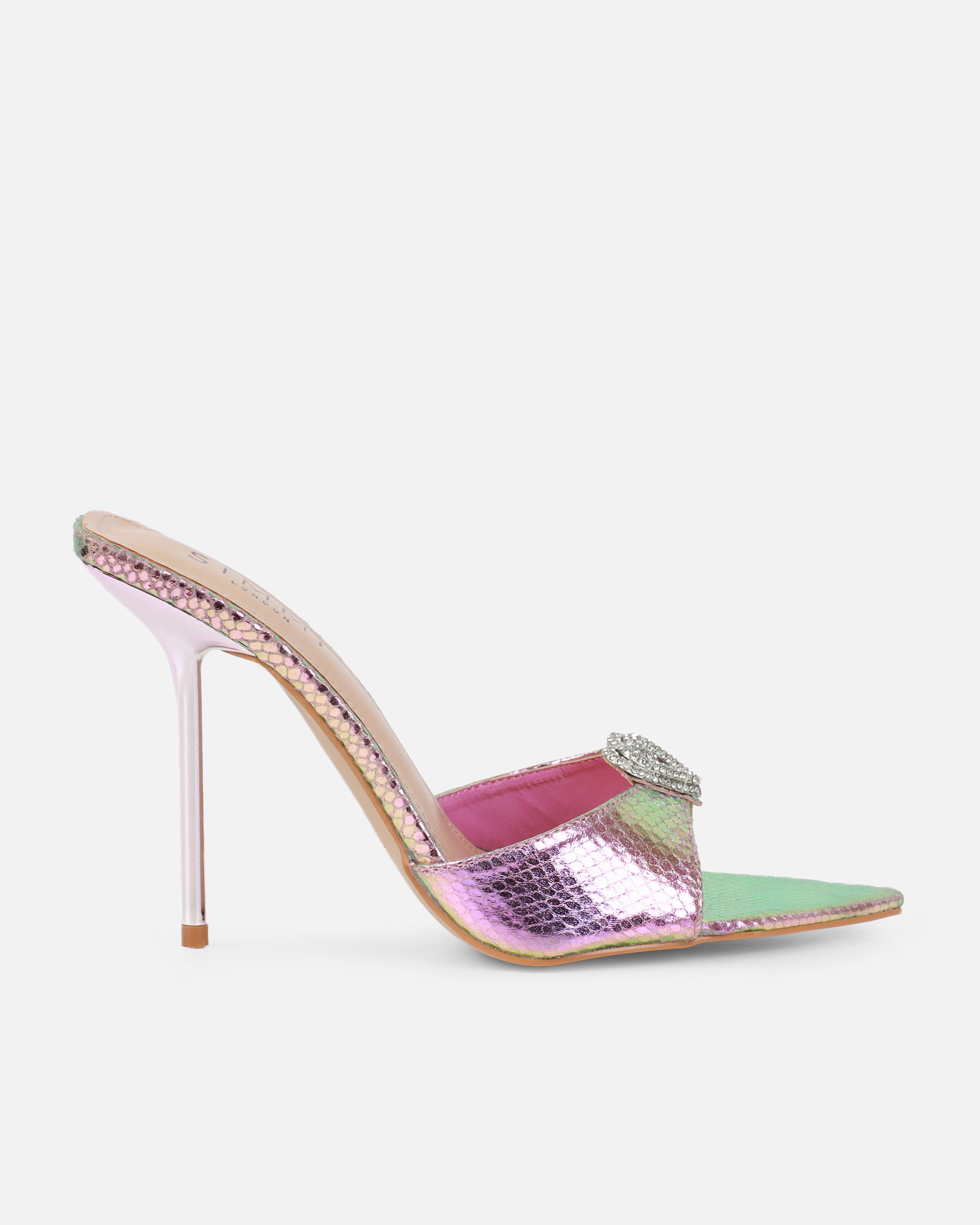 Phoeniz Pink And Green Iridescent Snake Heart Diamante Mules | SIMMI London