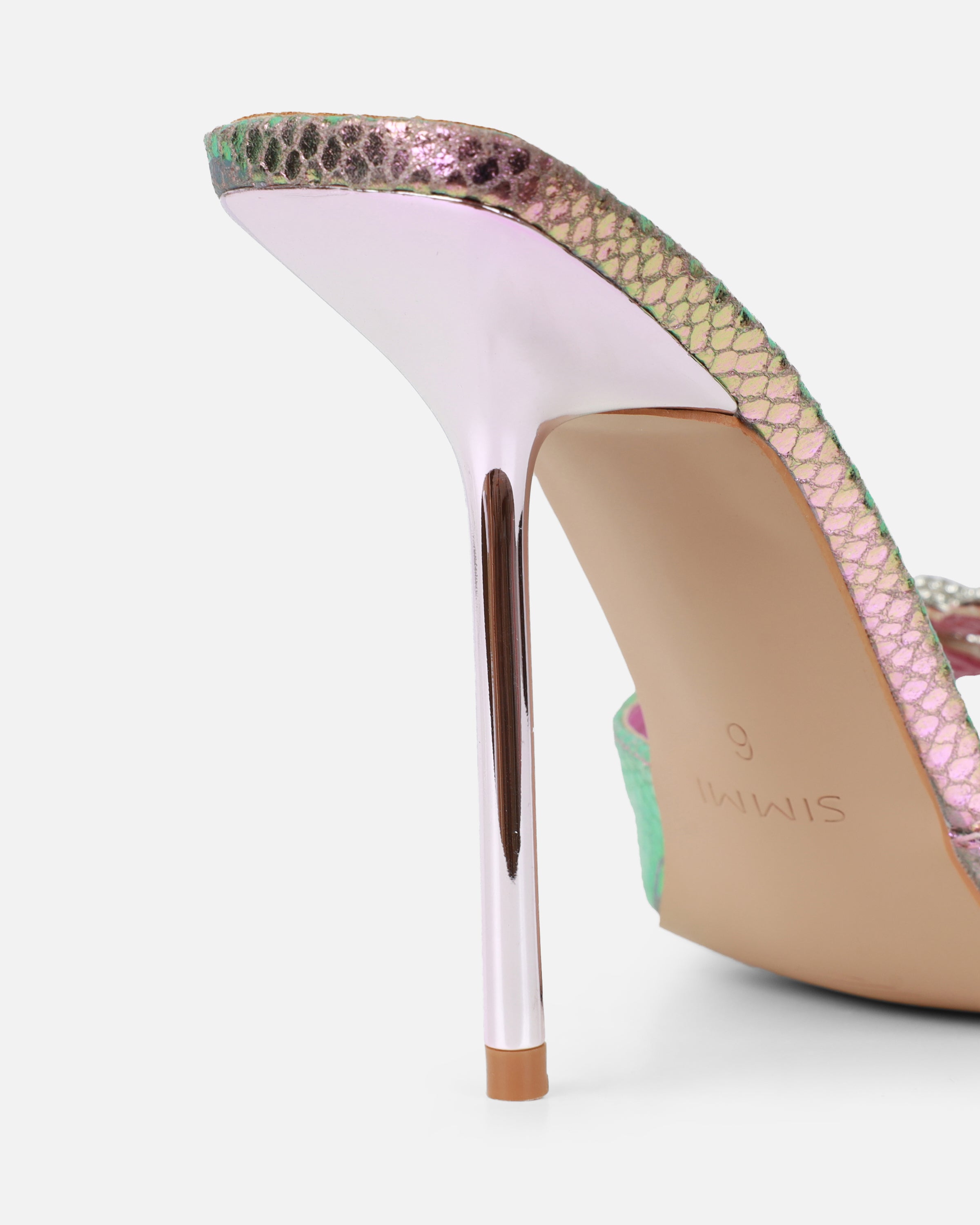 Phoeniz Pink And Green Iridescent Snake Heart Diamante Mules | SIMMI London