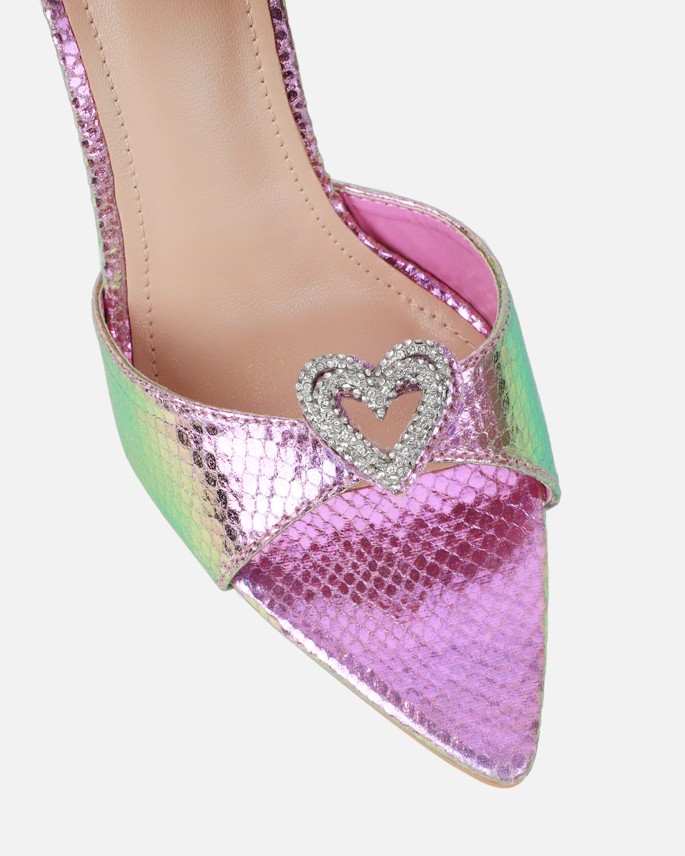 Phoeniz Pink And Green Iridescent Snake Heart Diamante Mules | SIMMI London