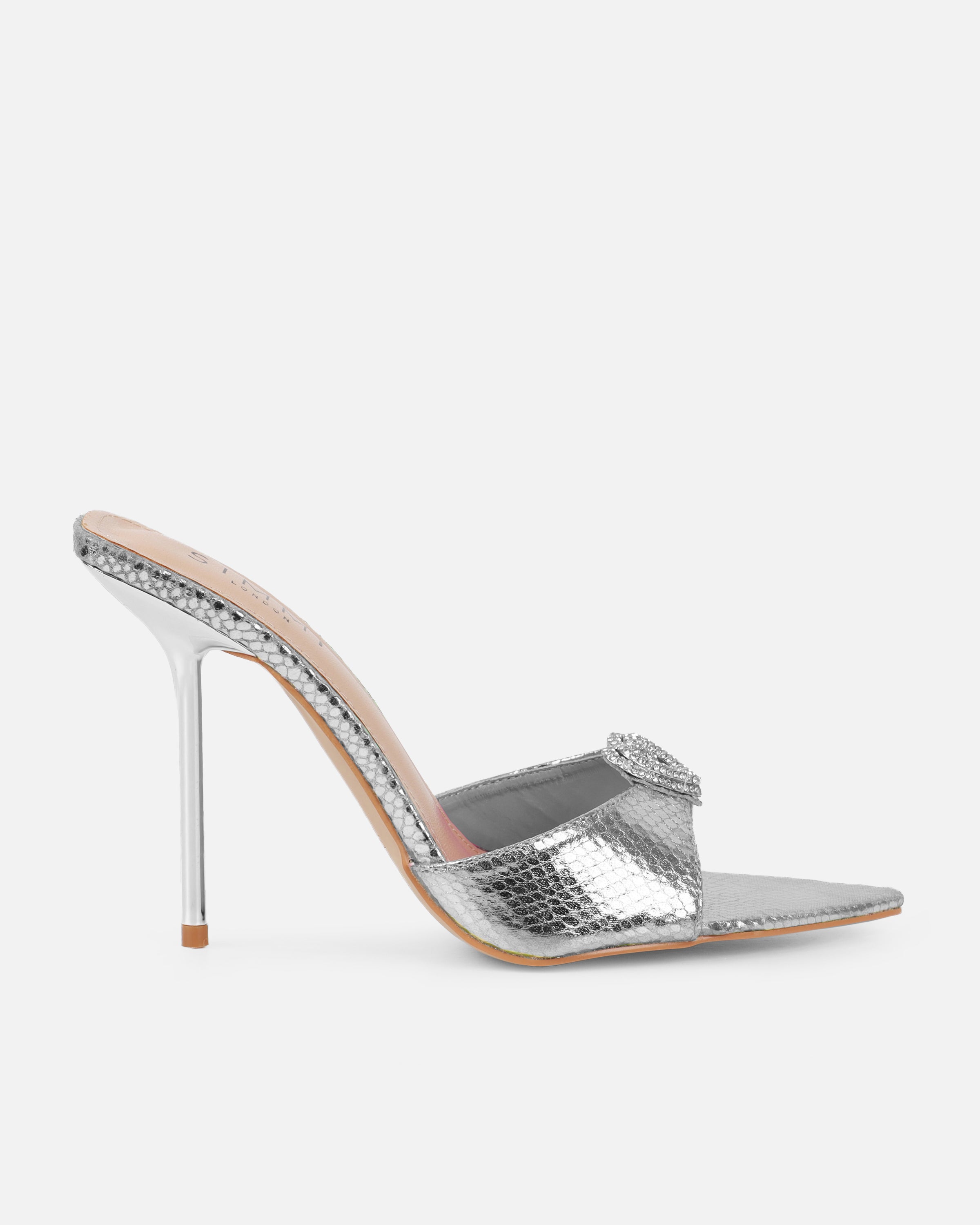 Phoeniz Silver Metallic Snake Heart Diamante Mules | SIMMI London