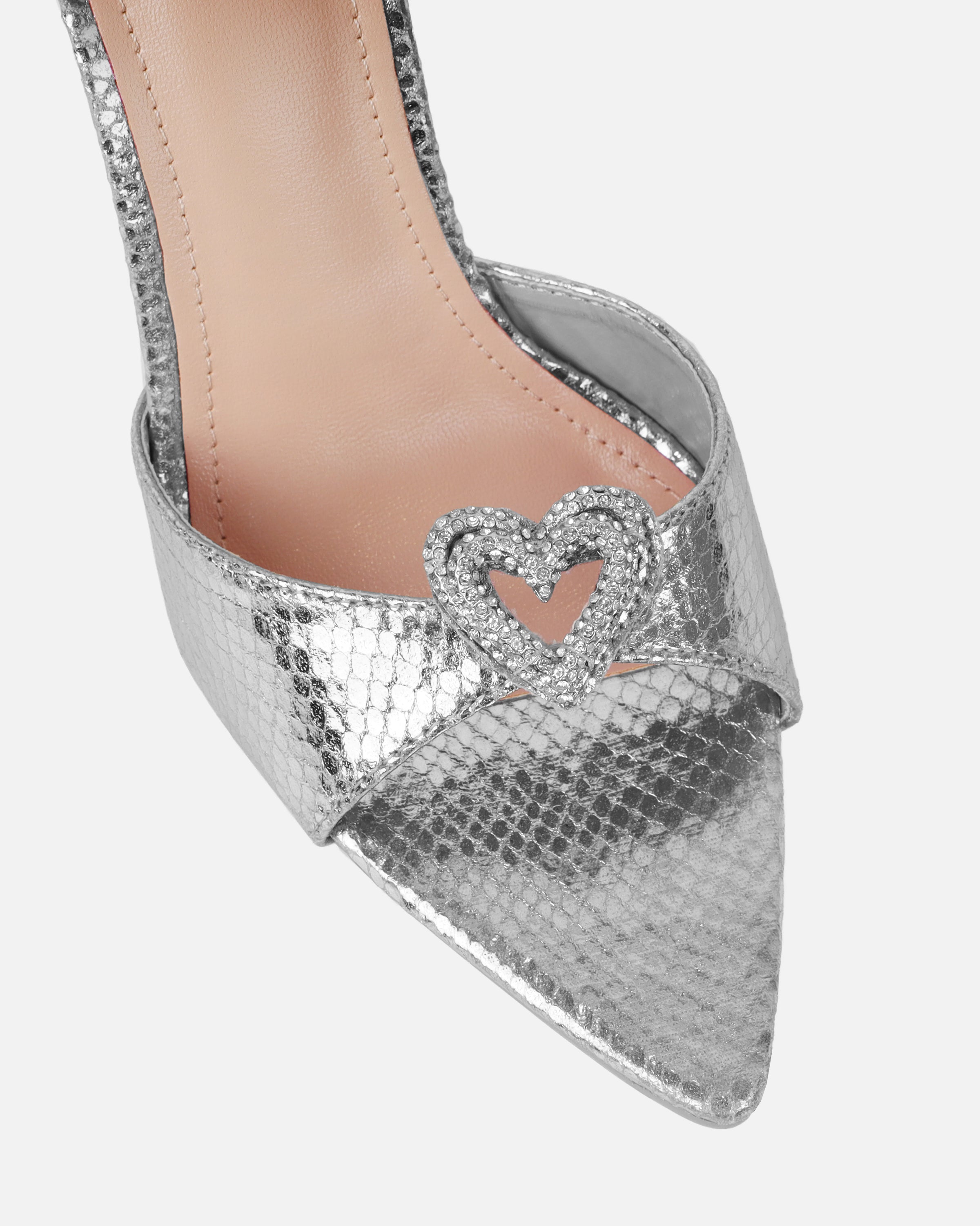 Phoeniz Silver Metallic Snake Heart Diamante Mules | SIMMI London