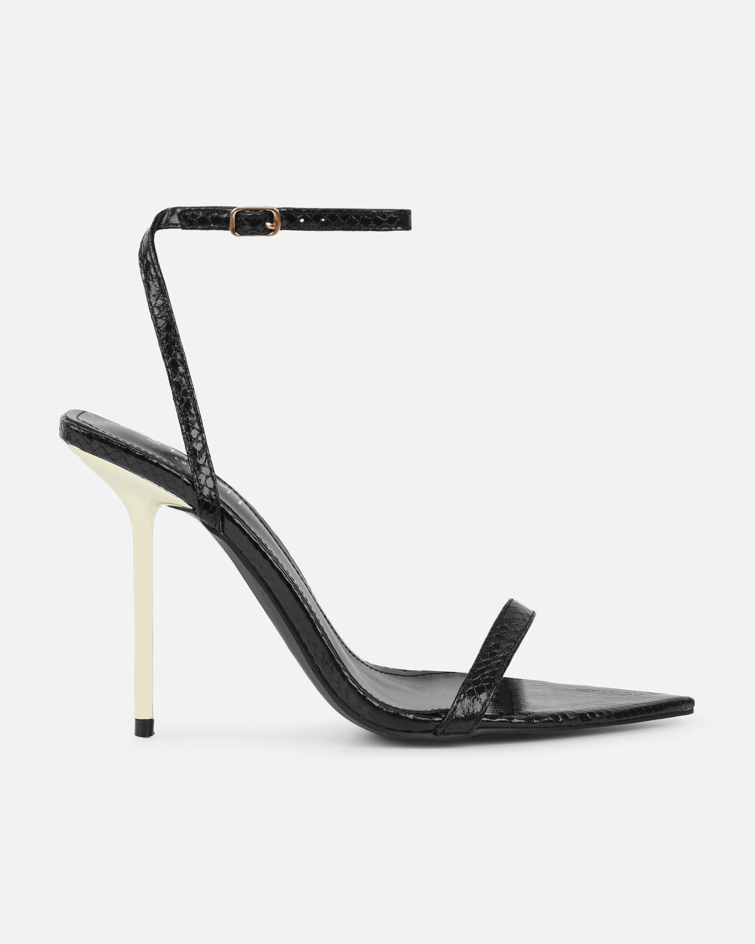 Perla Black Faux Snake Print Strappy Stiletto Heels | SIMMI London