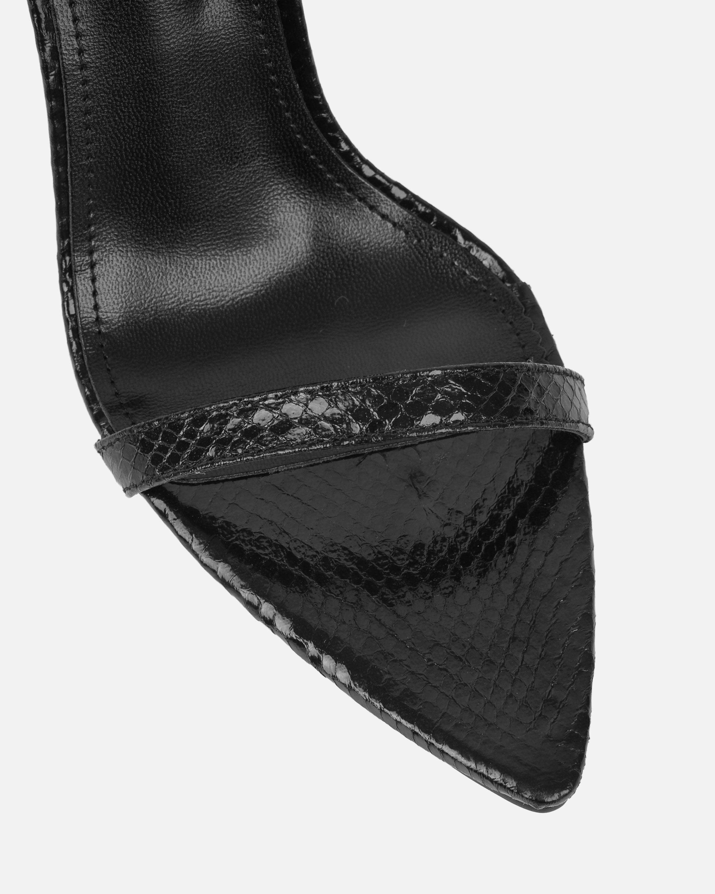 Perla Black Faux Snake Print Strappy Stiletto Heels | SIMMI London