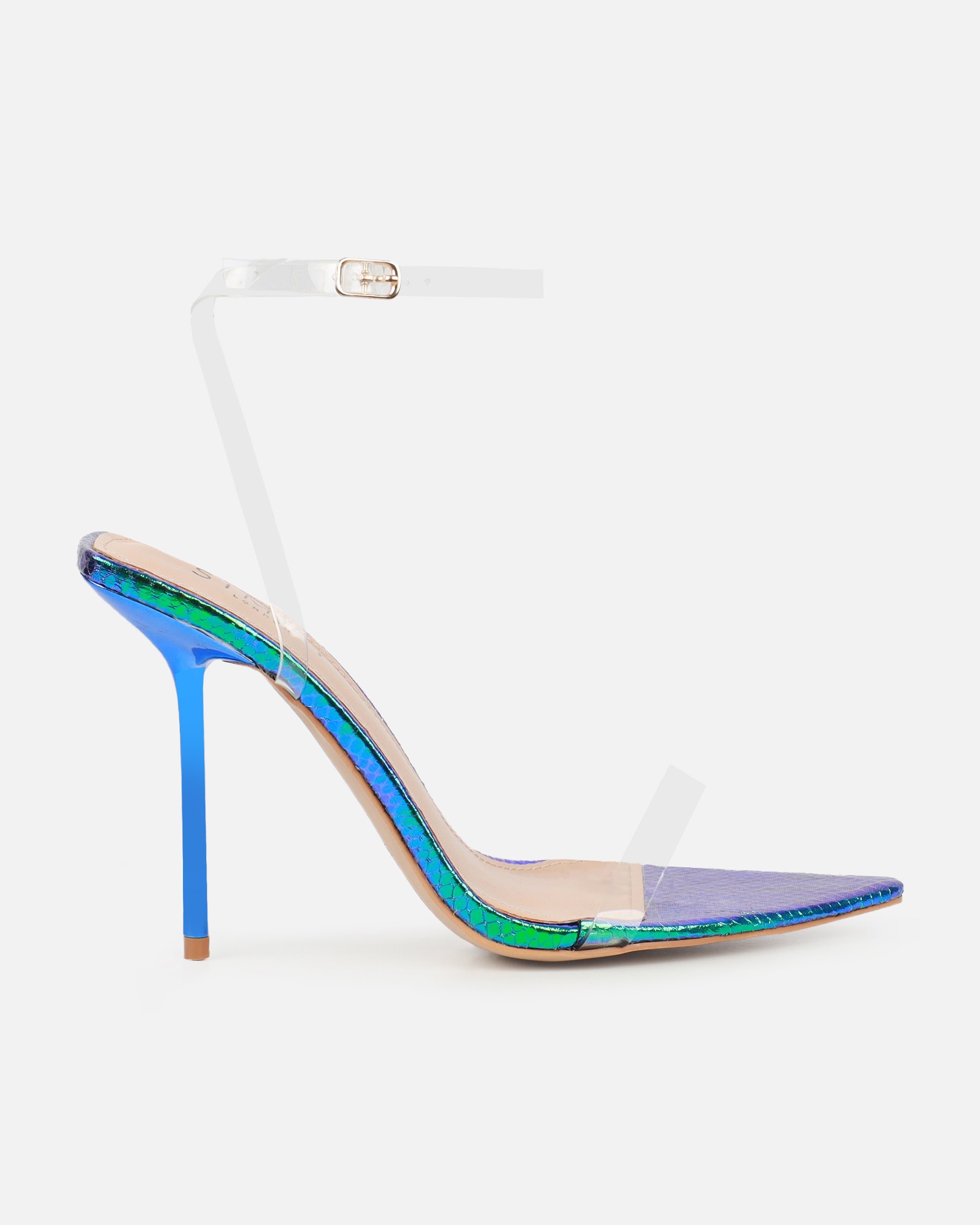 Perla Clear Green Iridescent Faux Snake Scrappy Stiletto Heels | SIMMI London