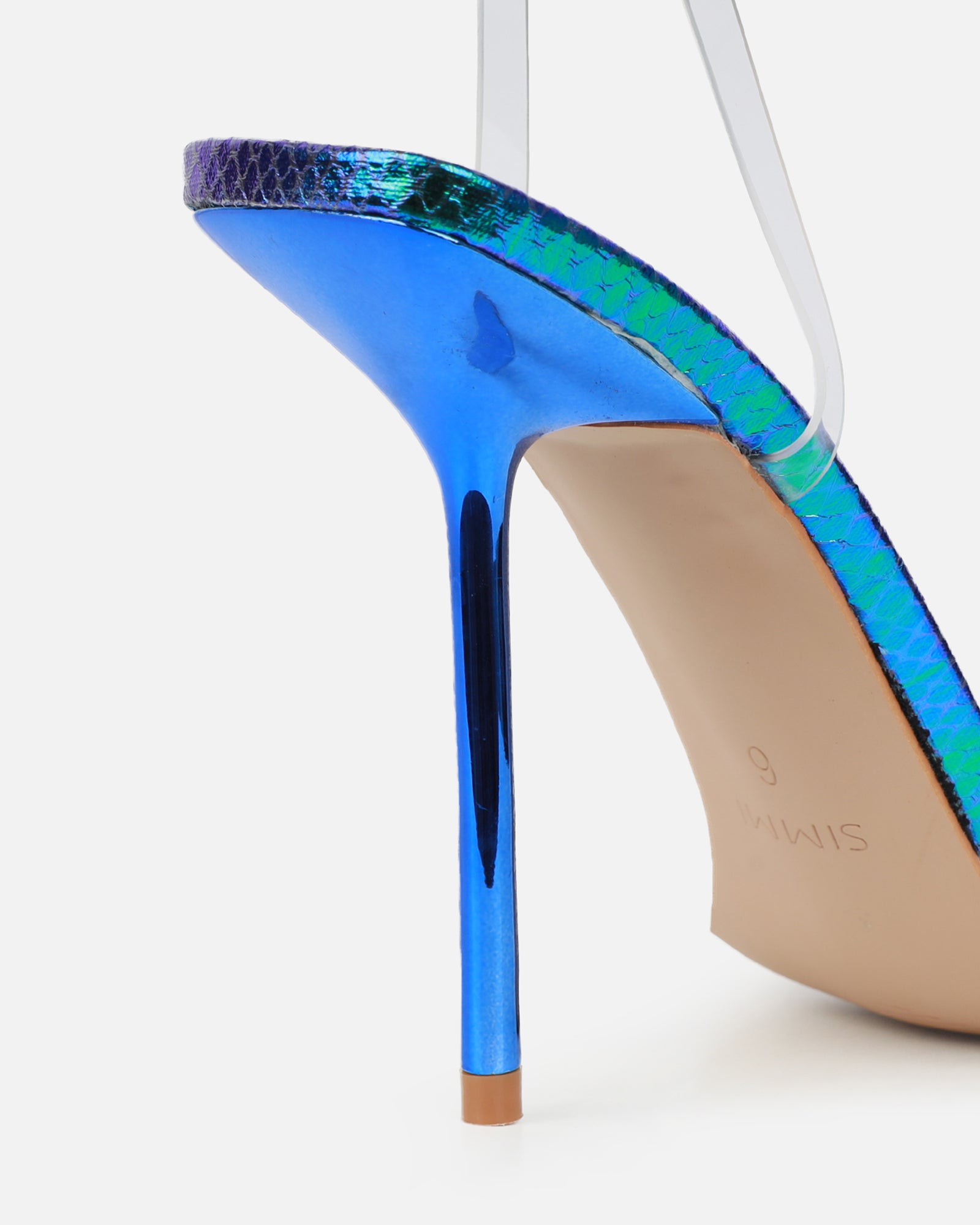 Perla Clear Green Iridescent Faux Snake Scrappy Stiletto Heels | SIMMI London