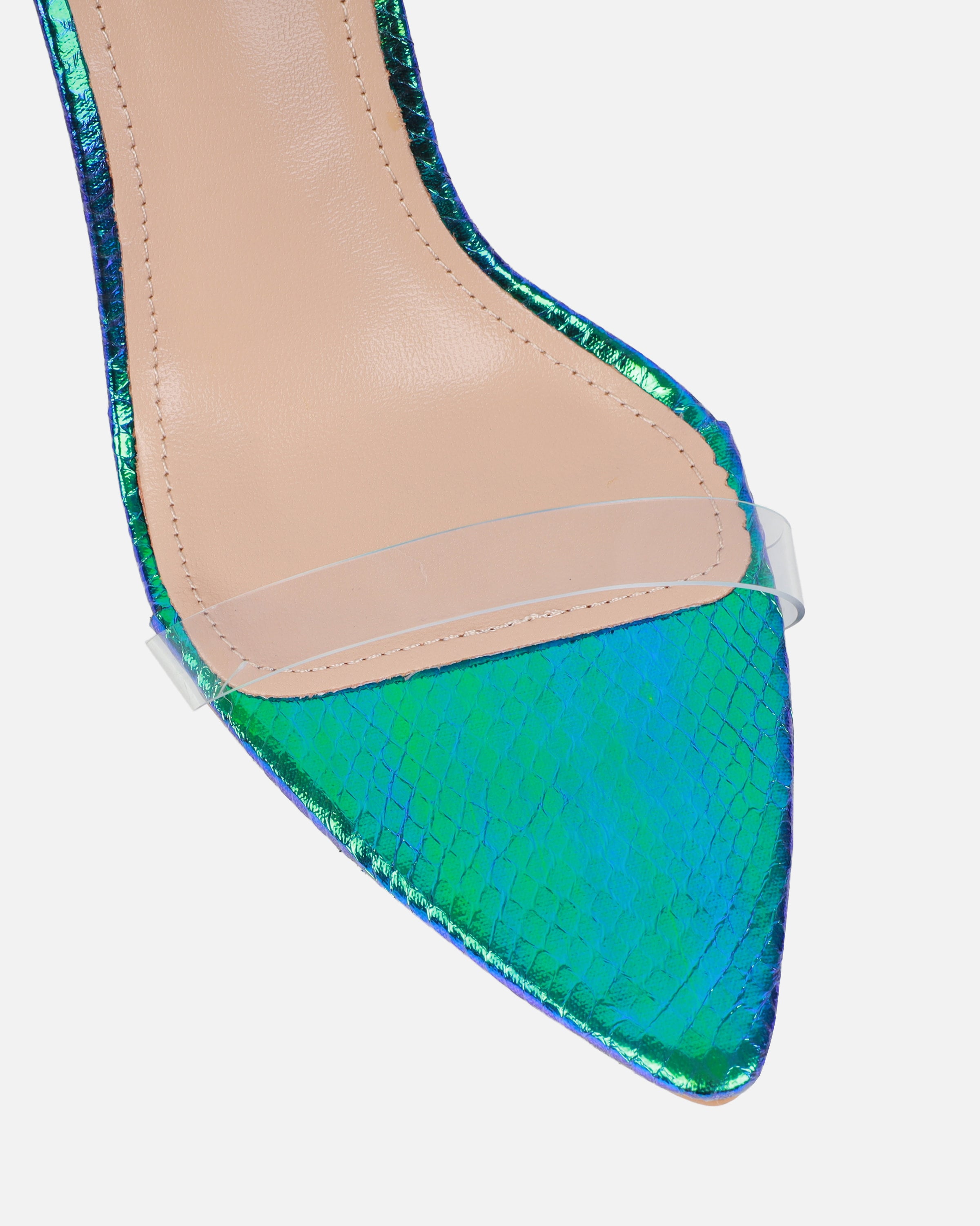 Perla Clear Green Iridescent Faux Snake Scrappy Stiletto Heels | SIMMI London