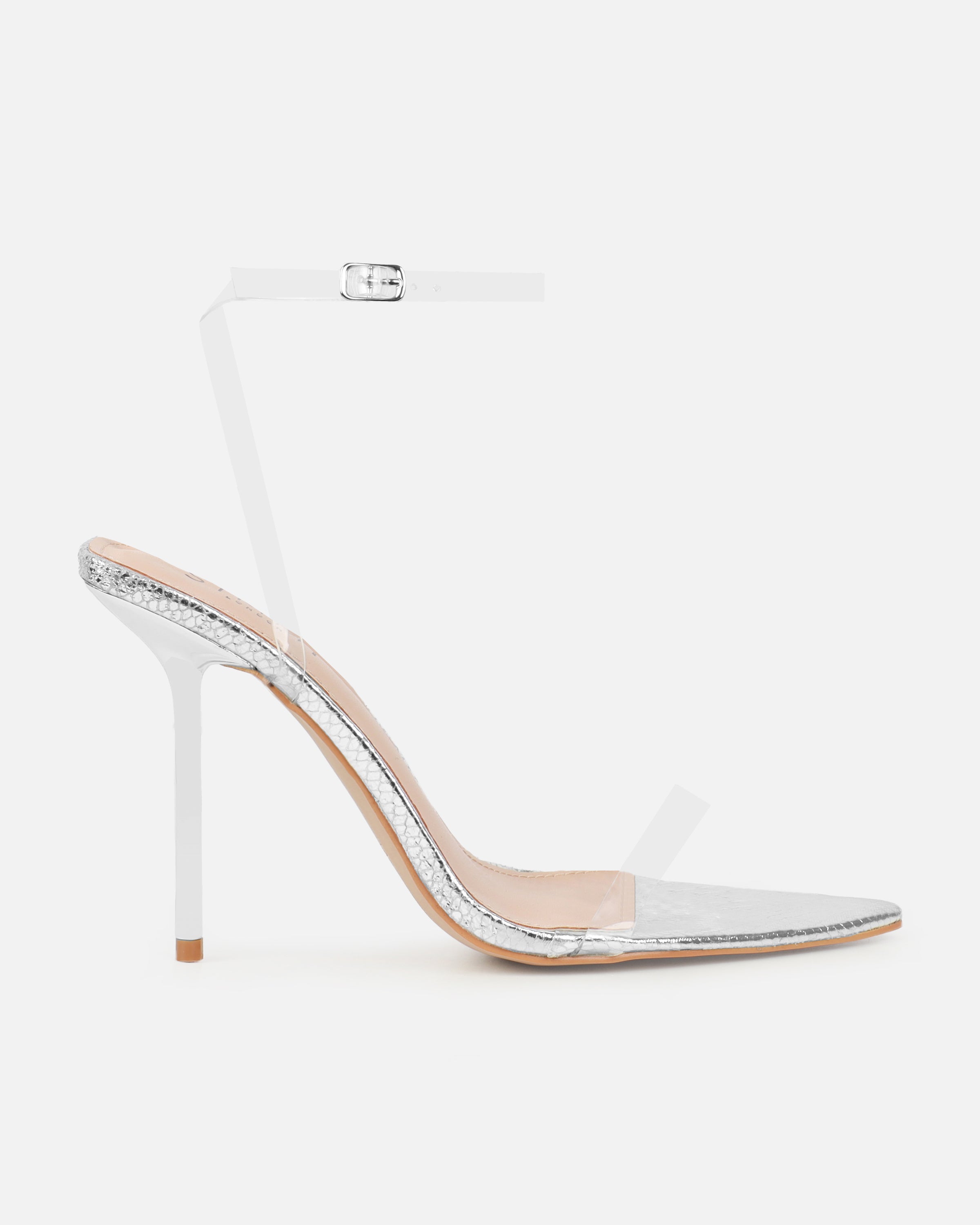 Perla Clear Silver Faux Snake Strappy Stiletto Heels | SIMMI London