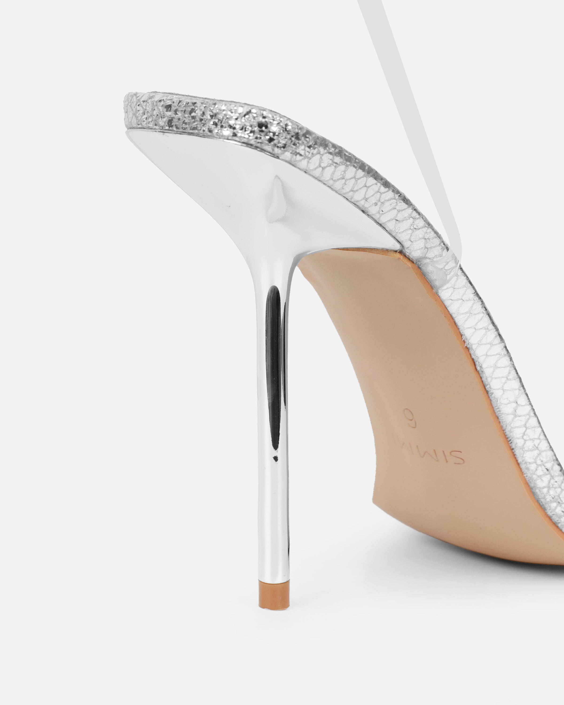 Perla Clear Silver Faux Snake Strappy Stiletto Heels | SIMMI London