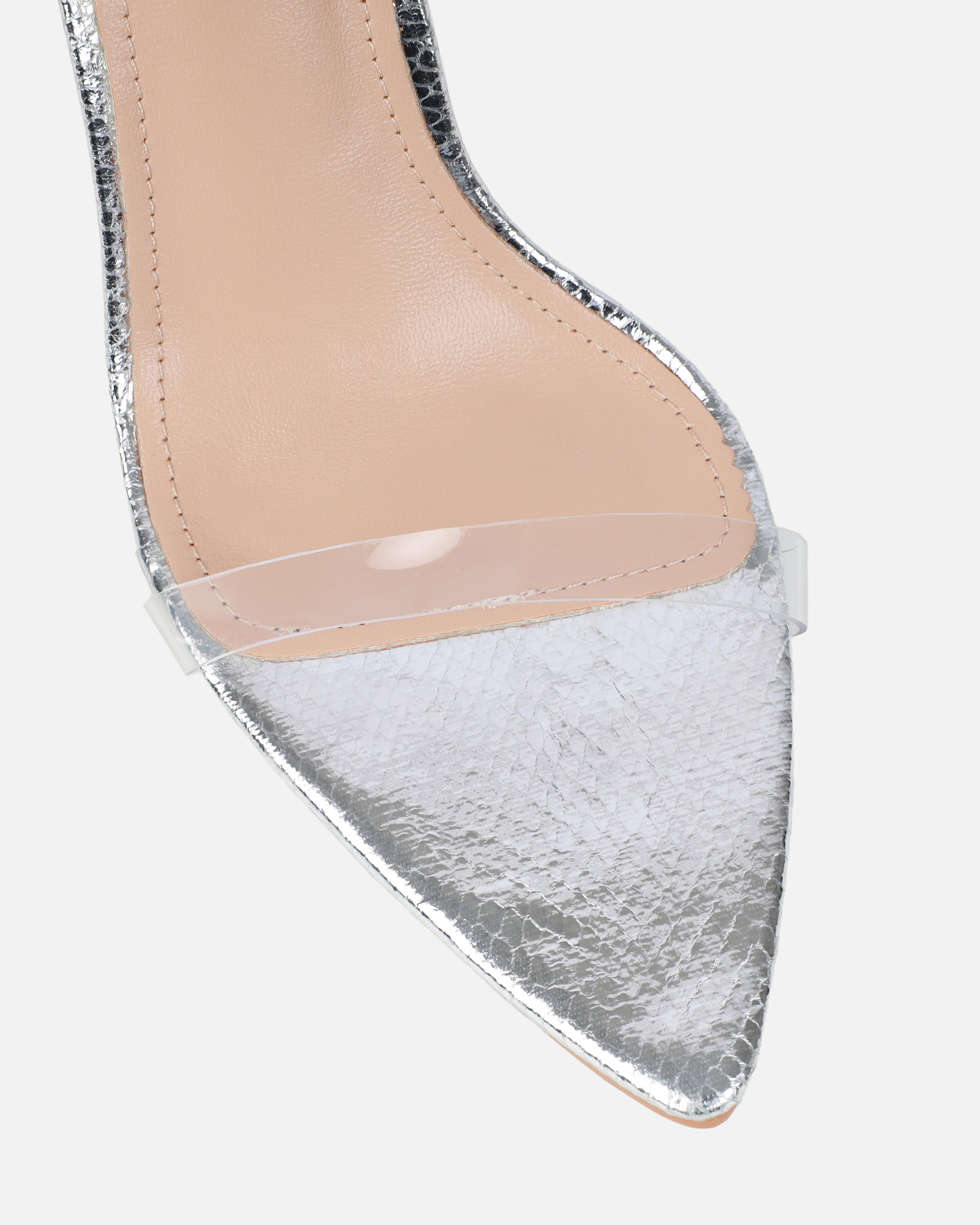 Perla Clear Silver Faux Snake Strappy Stiletto Heels | SIMMI London