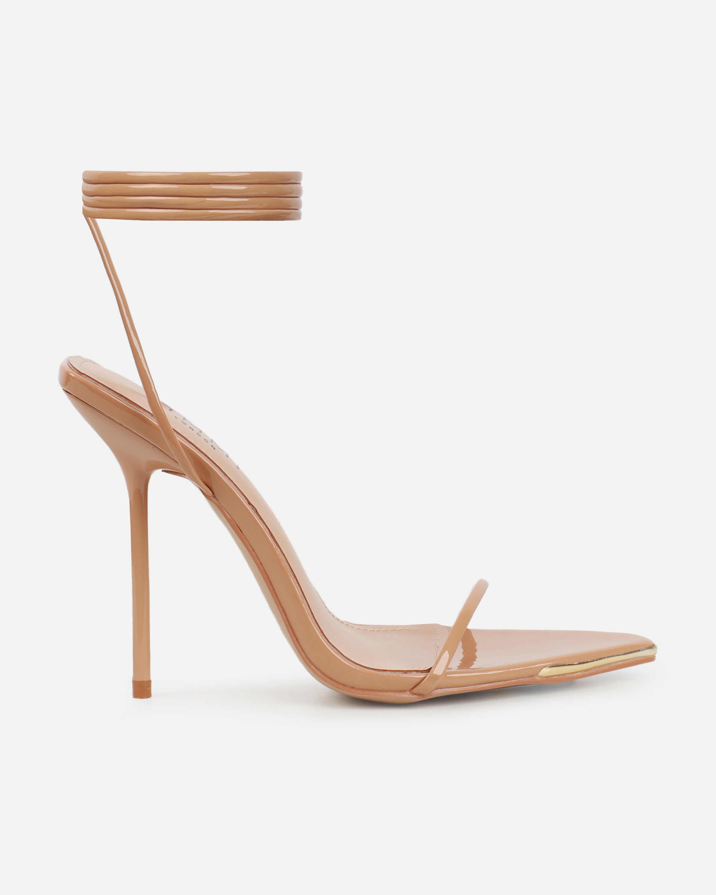 Delilahh Nude Patent Tie Up stiletto Sandals | SIMMI London