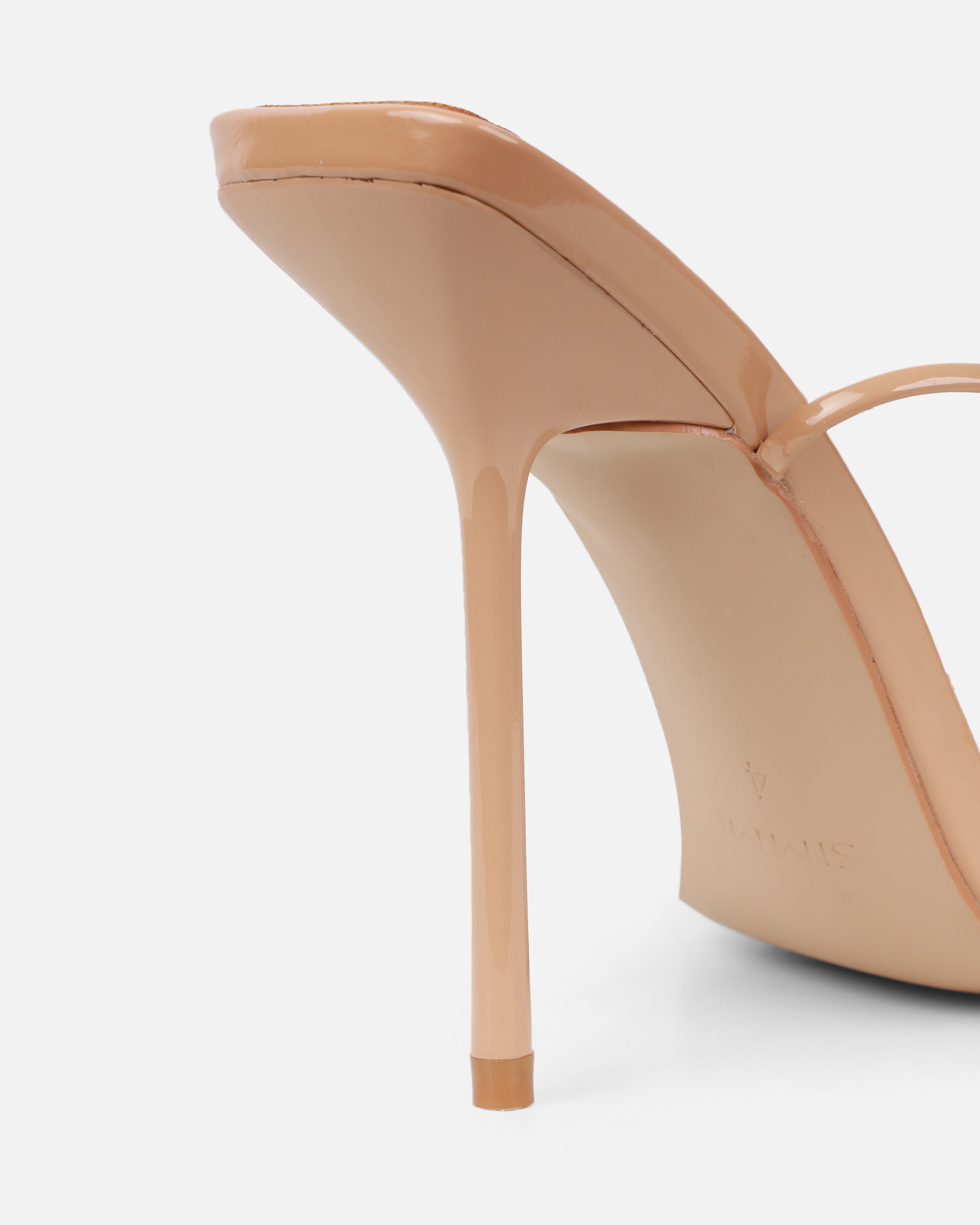 Delilahh Nude Patent Tie Up stiletto Sandals | SIMMI London