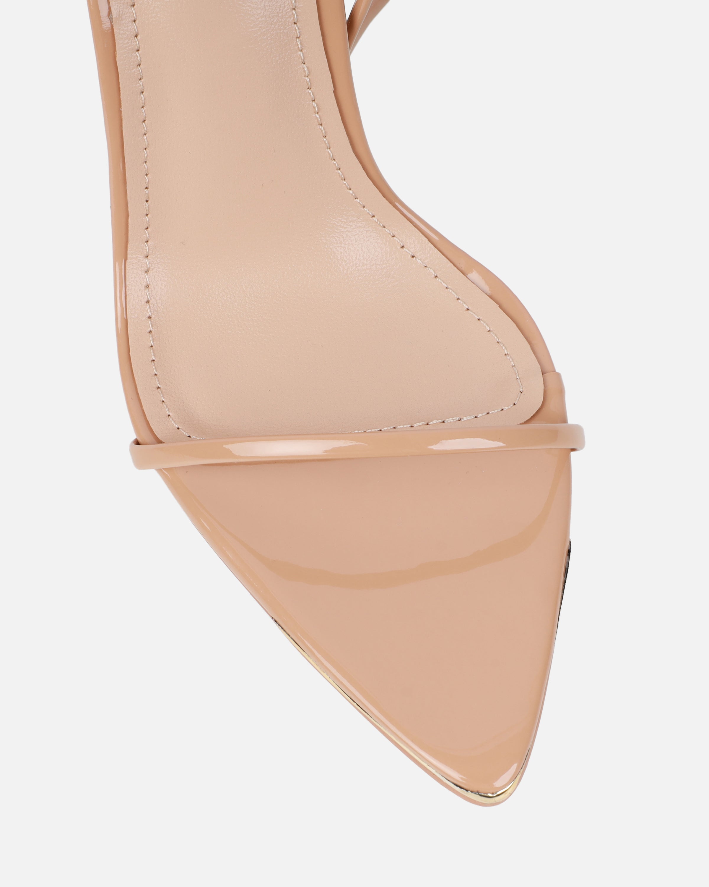 Delilahh Nude Patent Tie Up stiletto Sandals | SIMMI London