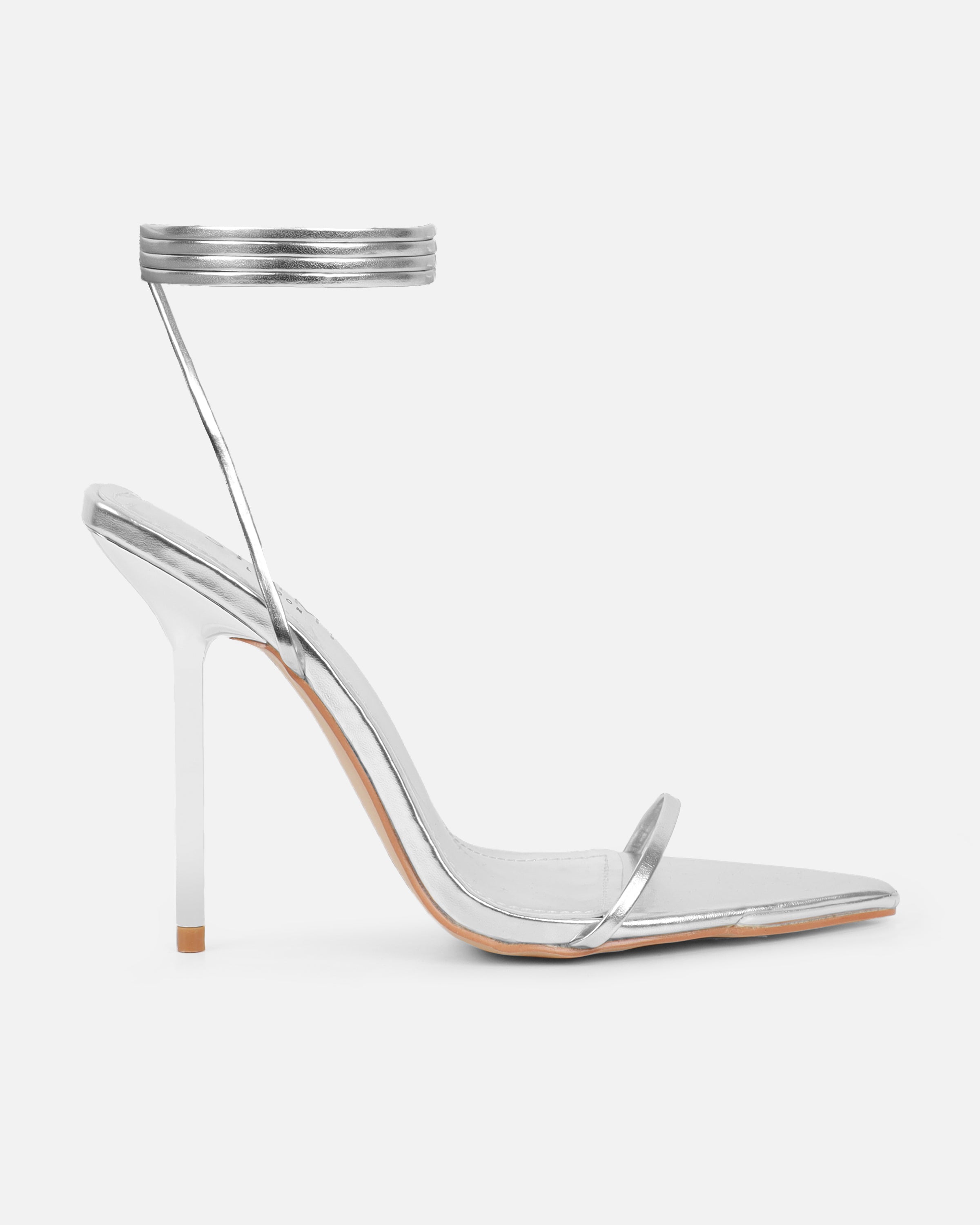 Delilahh Silver Metallic Tie Up Stiletto Sandals | SIMMI London