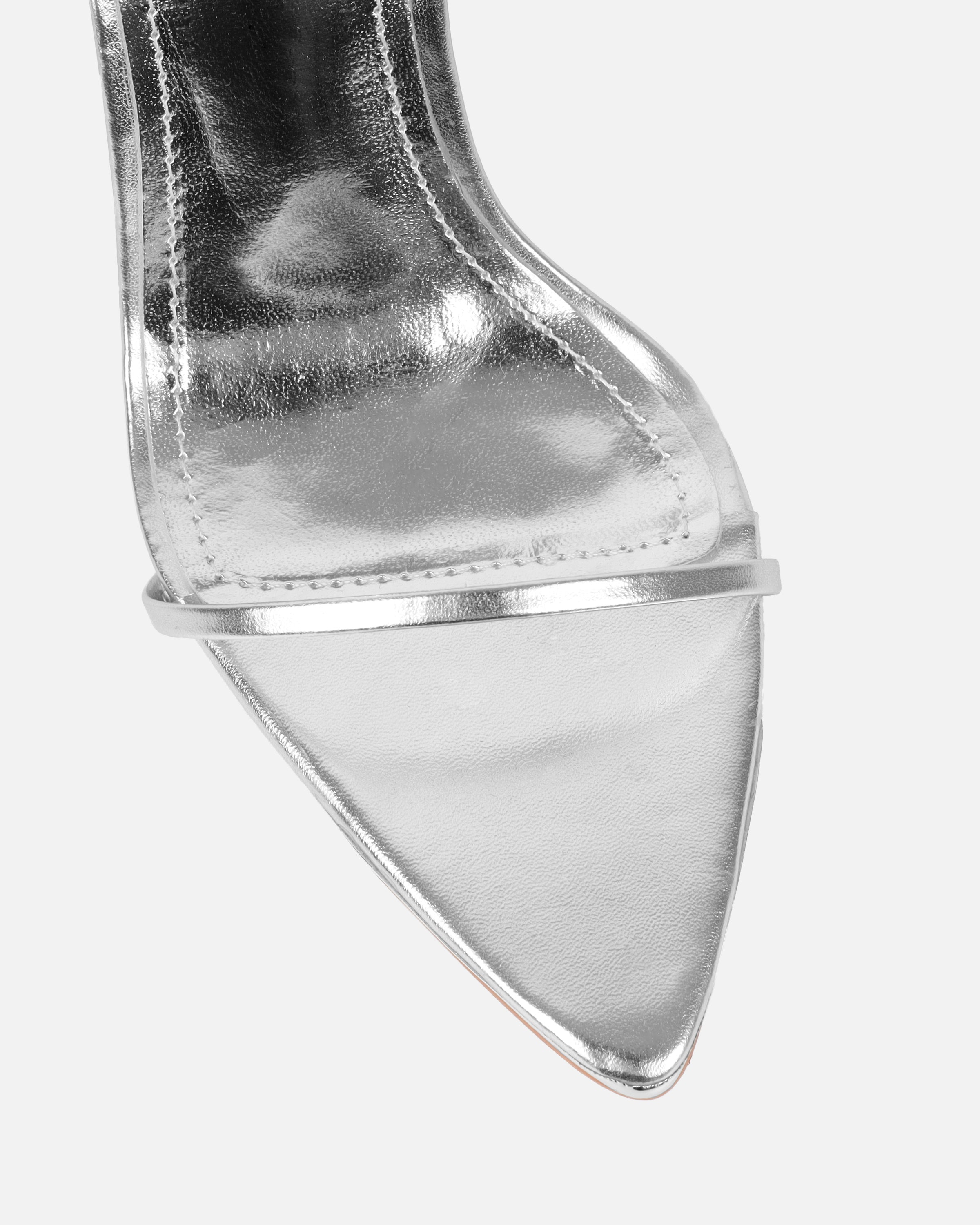 Delilahh Silver Metallic Tie Up Stiletto Sandals | SIMMI London