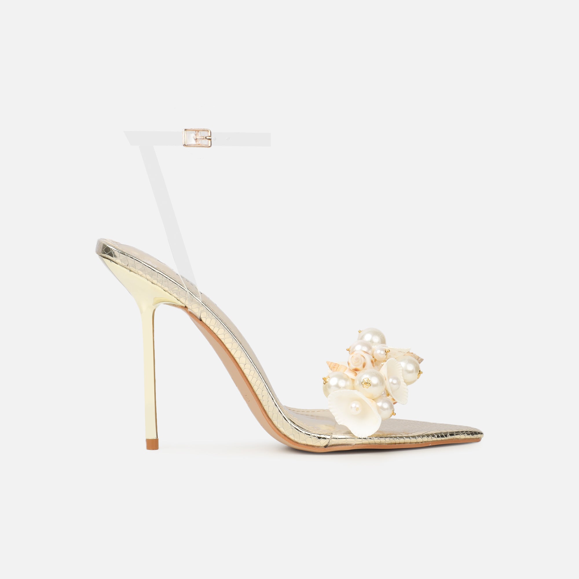 Shelli gold snake effect shell trimmed heeled sandals | SIMMI London