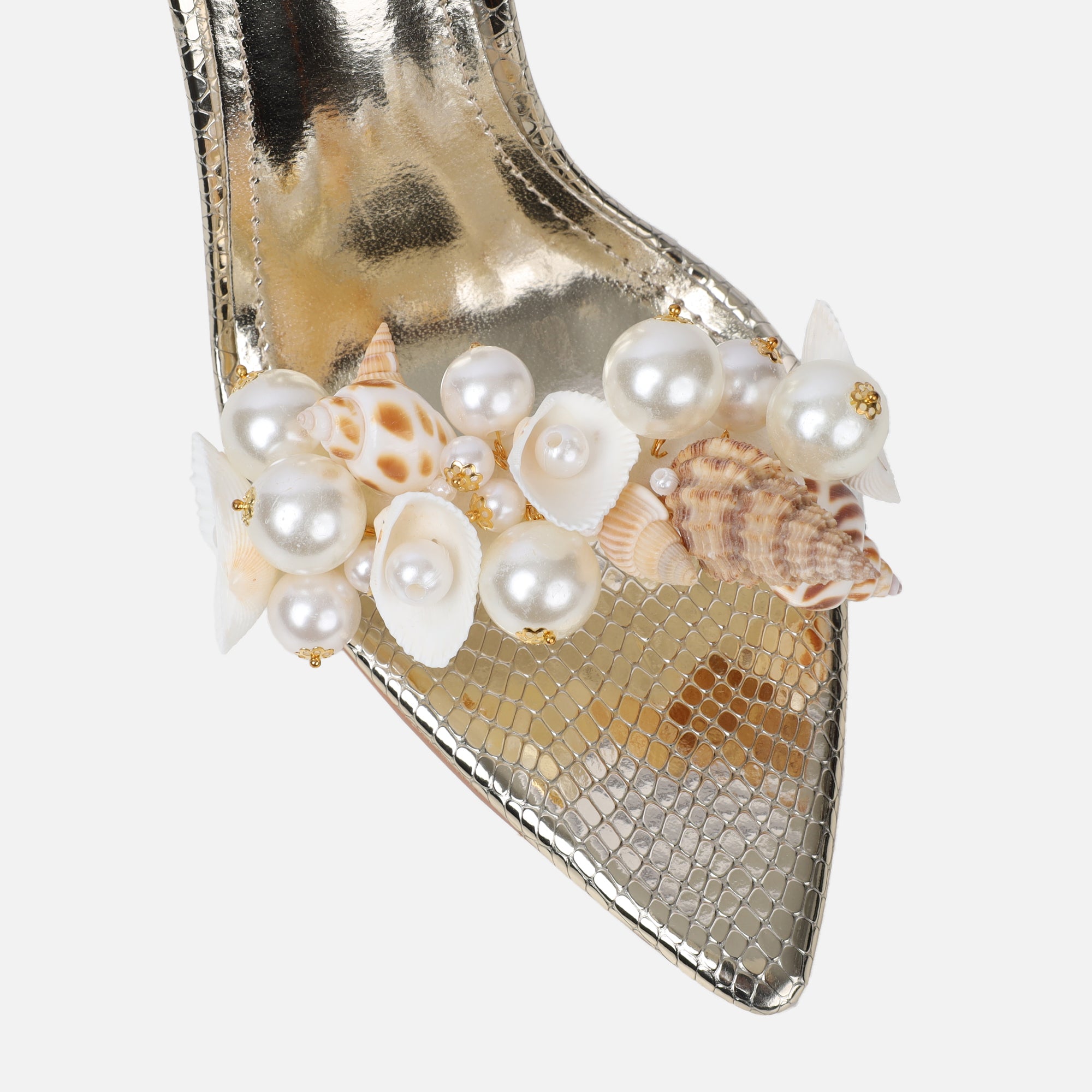 Shelli gold snake effect shell trimmed heeled sandals | SIMMI London