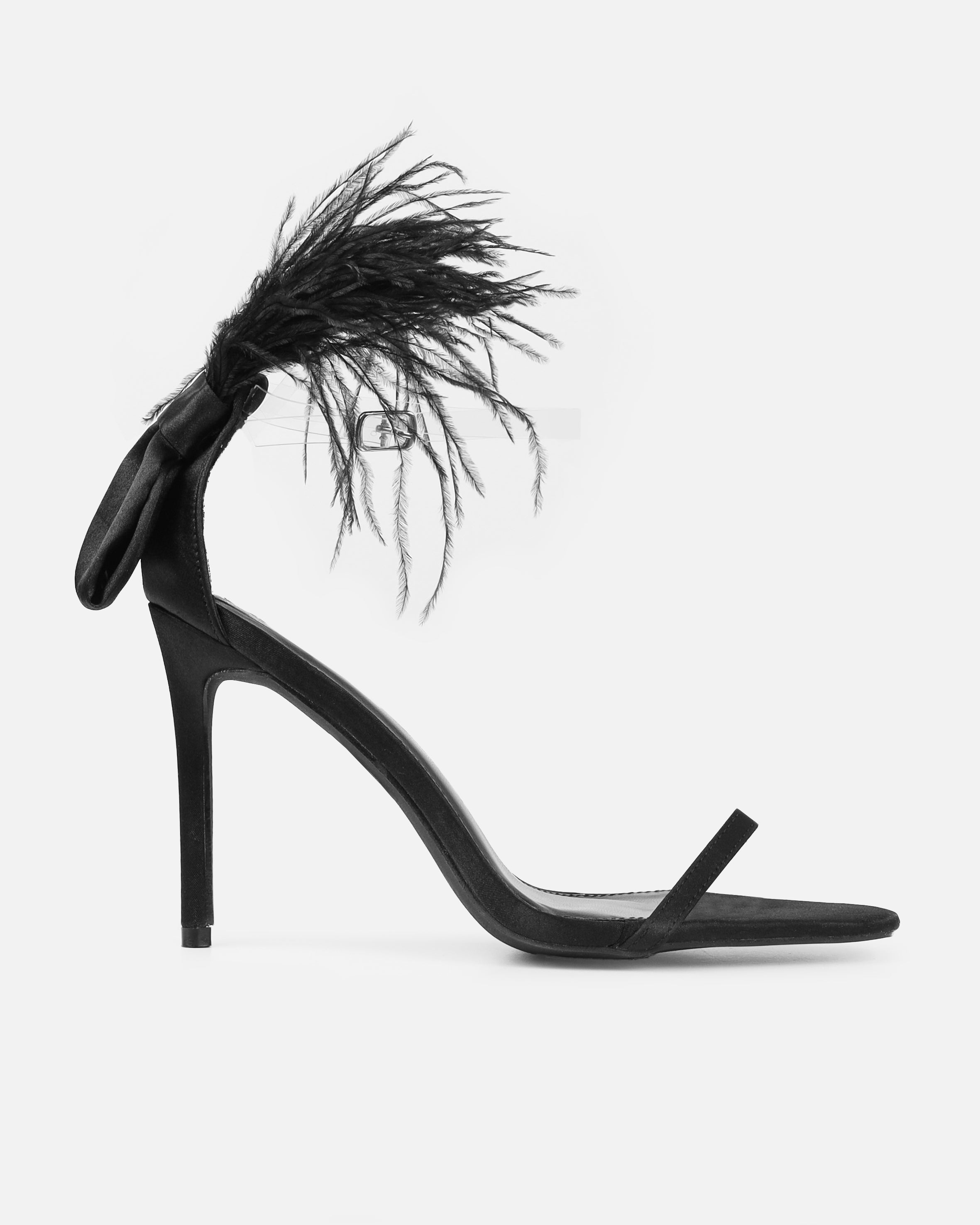 Mary Bedford Plume Black Satin Clear Fluffy Bow Heels | SIMMI London