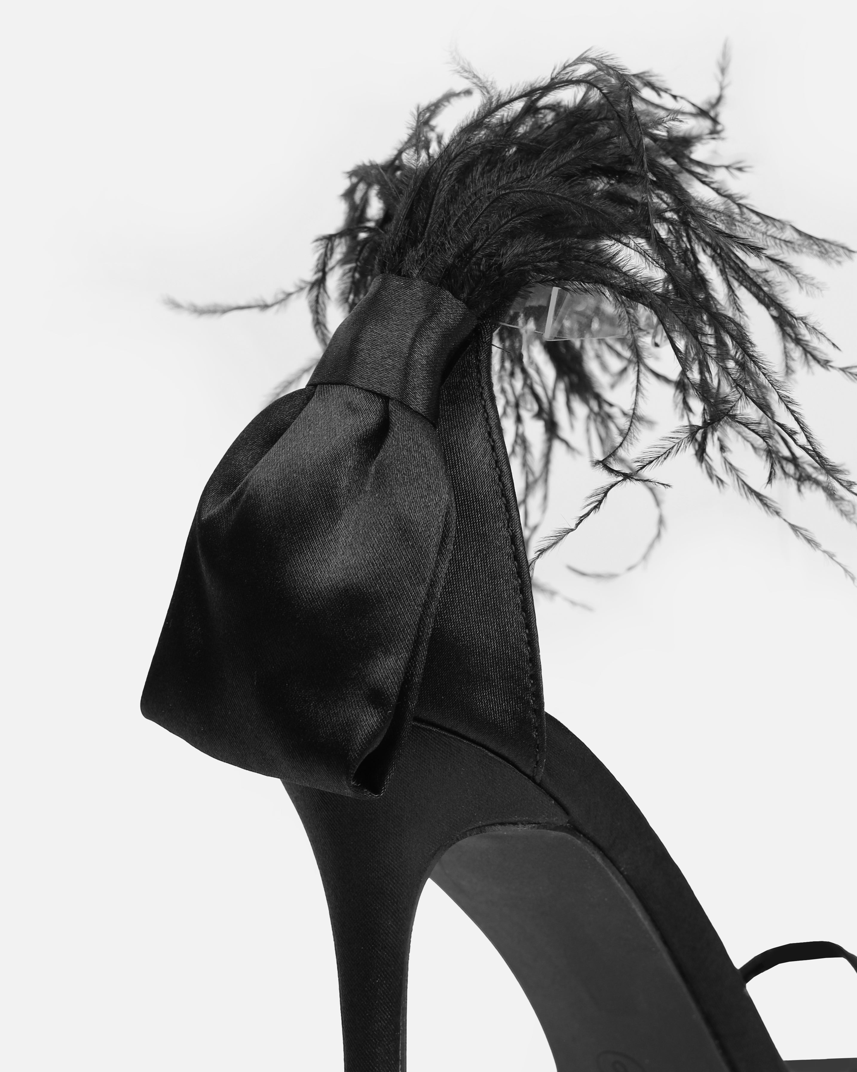 Mary Bedford Plume Black Satin Clear Fluffy Bow Heels | SIMMI London