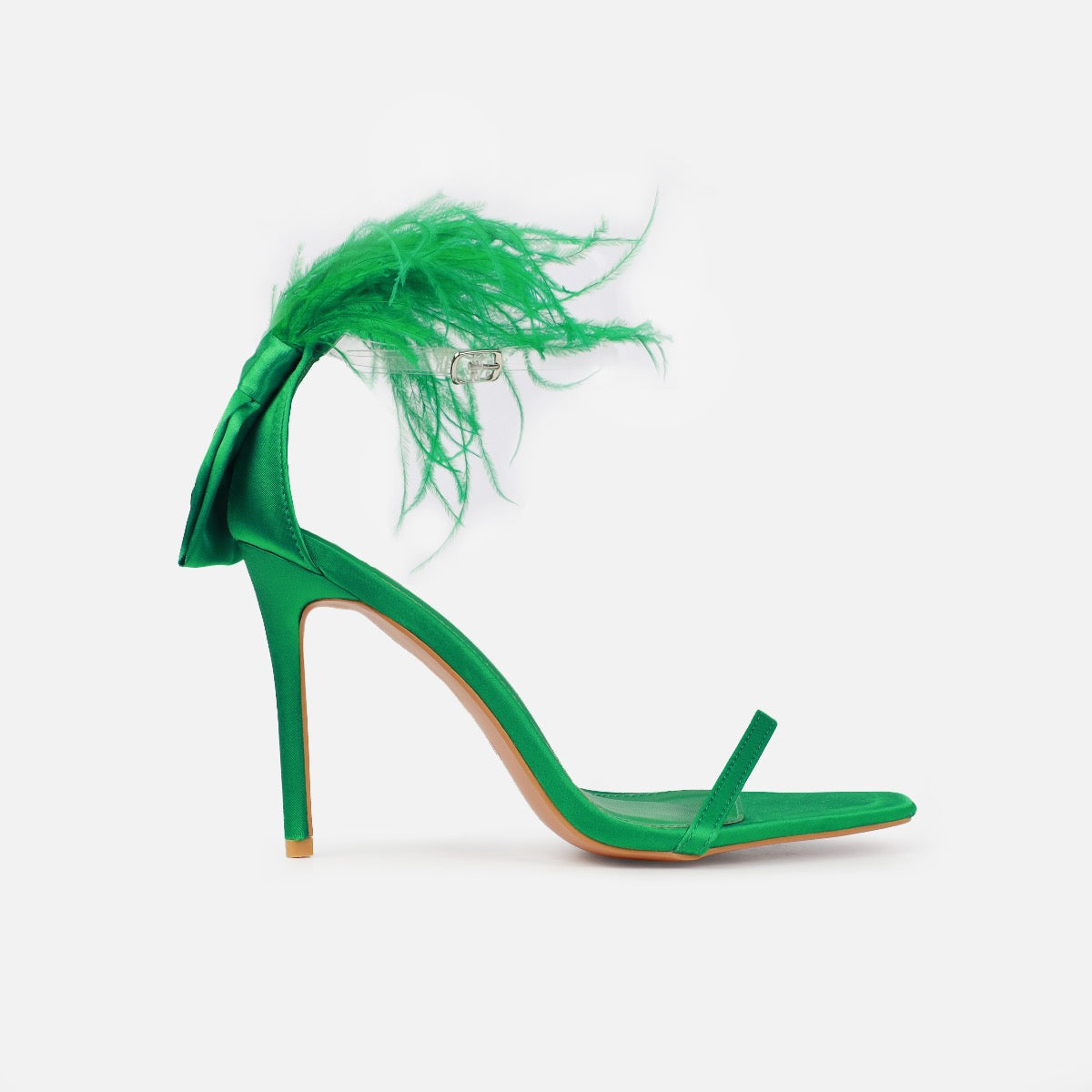 Plume Green Satin Clear Fluffy Bow Heels | SIMMI London