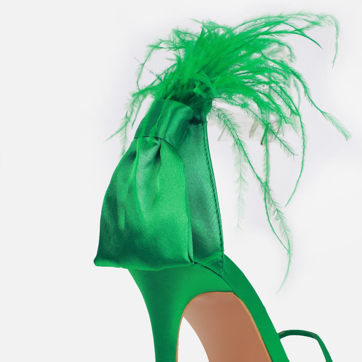 Plume Green Satin Clear Fluffy Bow Heels | SIMMI London